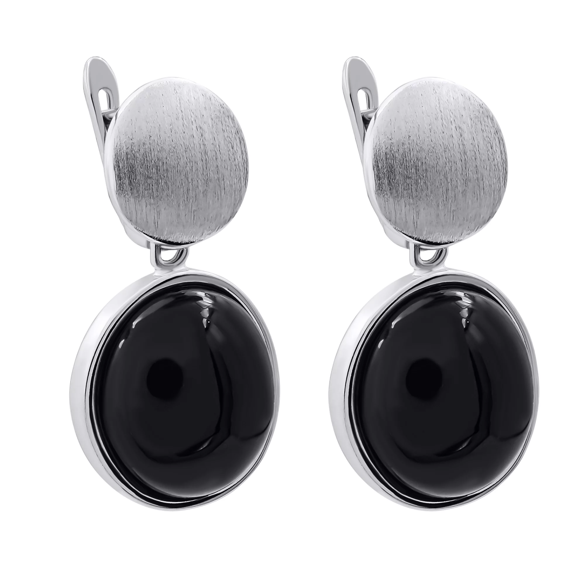 Сережки серебряные с подвесками "Круг" с ониксом - 1269062 – изображение 1