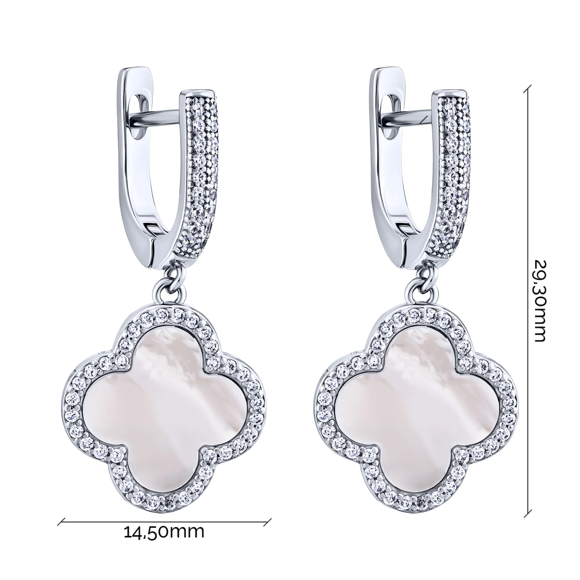 Серебряные серьги "Клевер" с фианитами, перламутром и подвесом - 2095283 - 3
