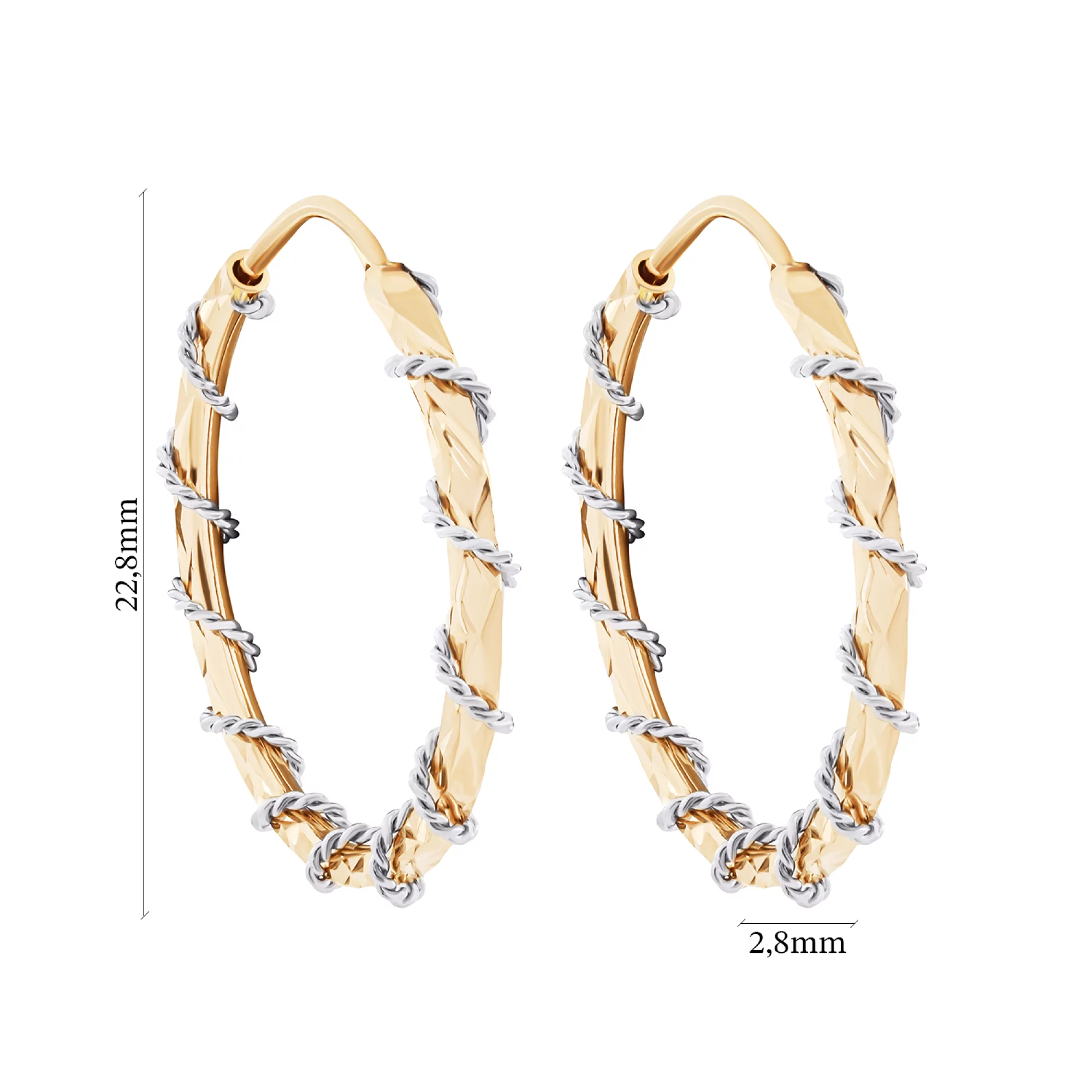 Сережки-кільця з комбінованого золота "Плетіння" з алмазною гранню - 1524522 – зображення 2