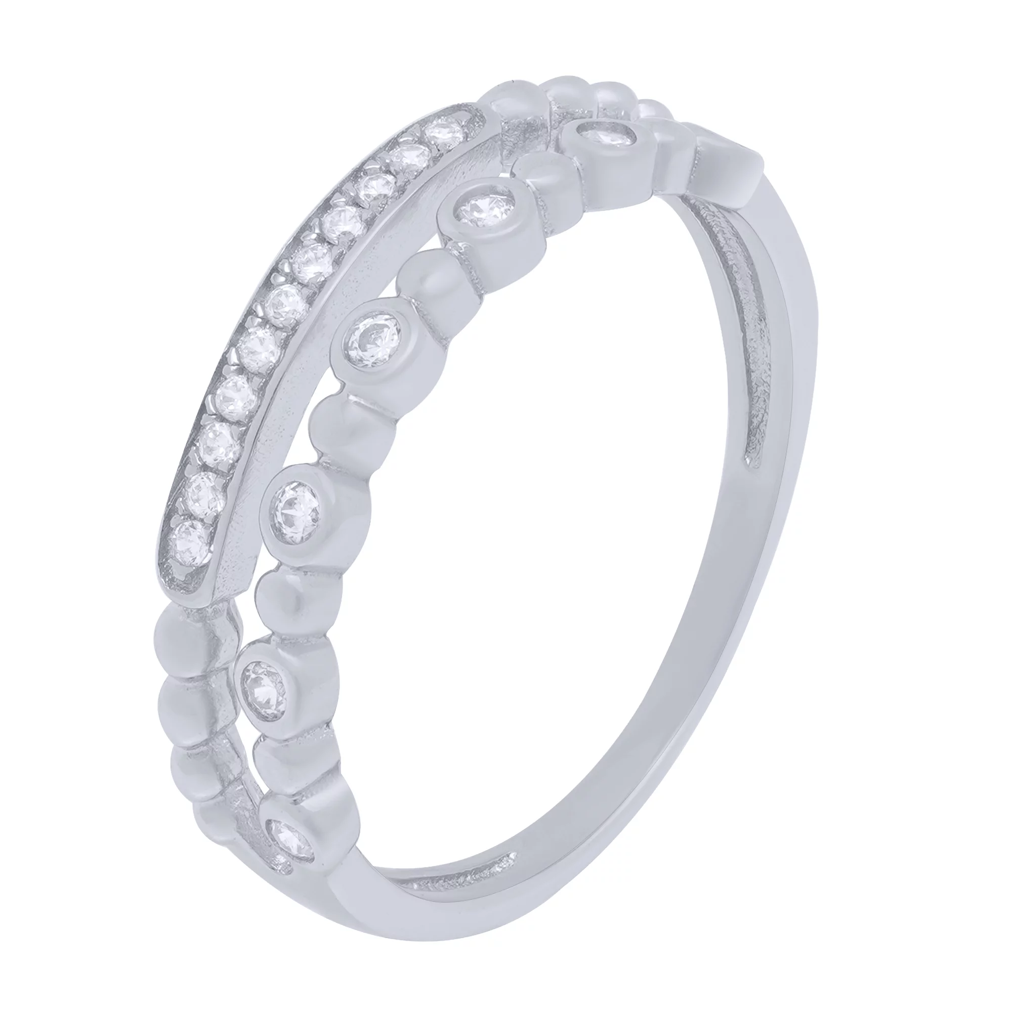 Серебряное двойное кольцо с дорожкой фианиту - 1639757 – изображение 1