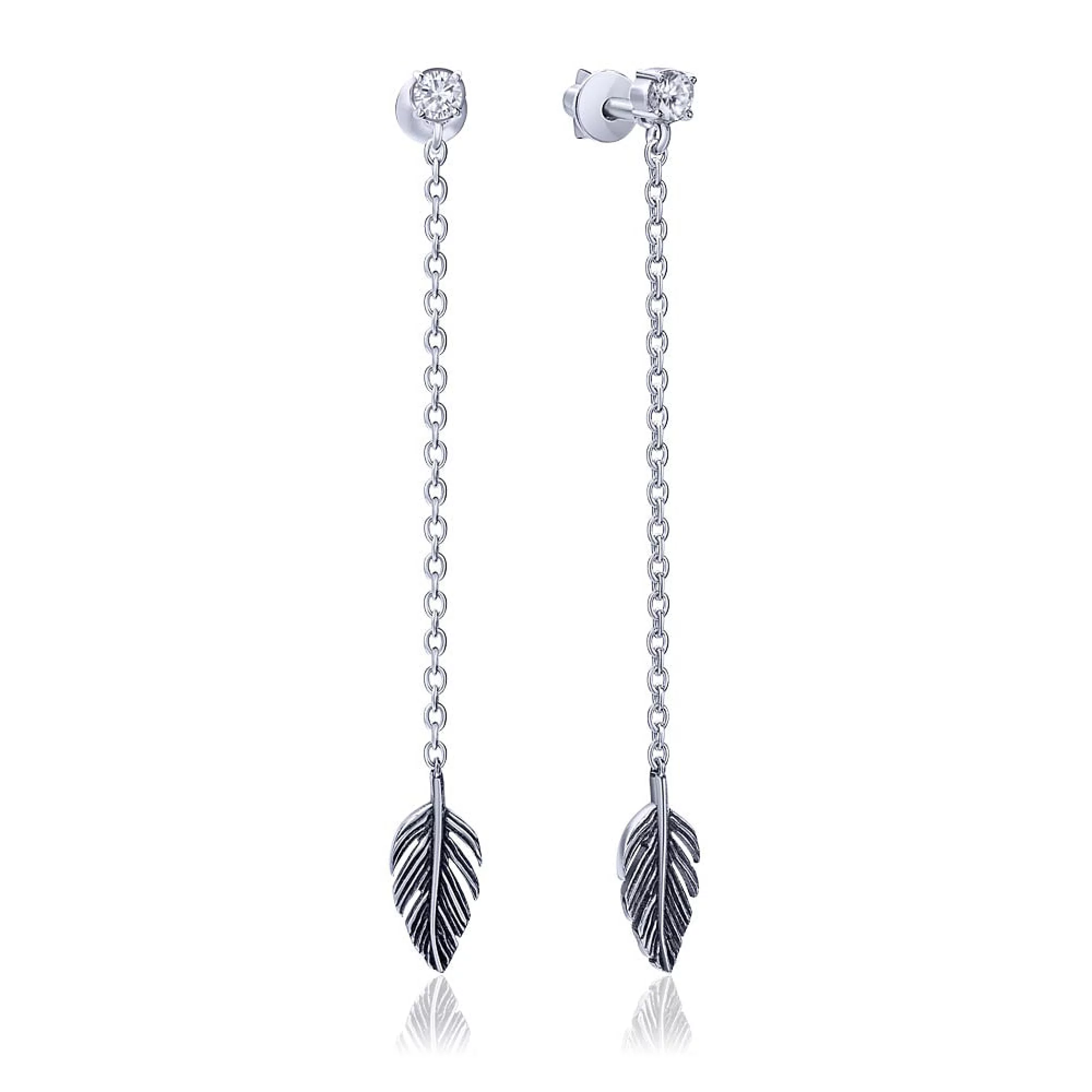Срібні сережки з підвісами Пір'я з фіанітом - 411500 – зображення 1