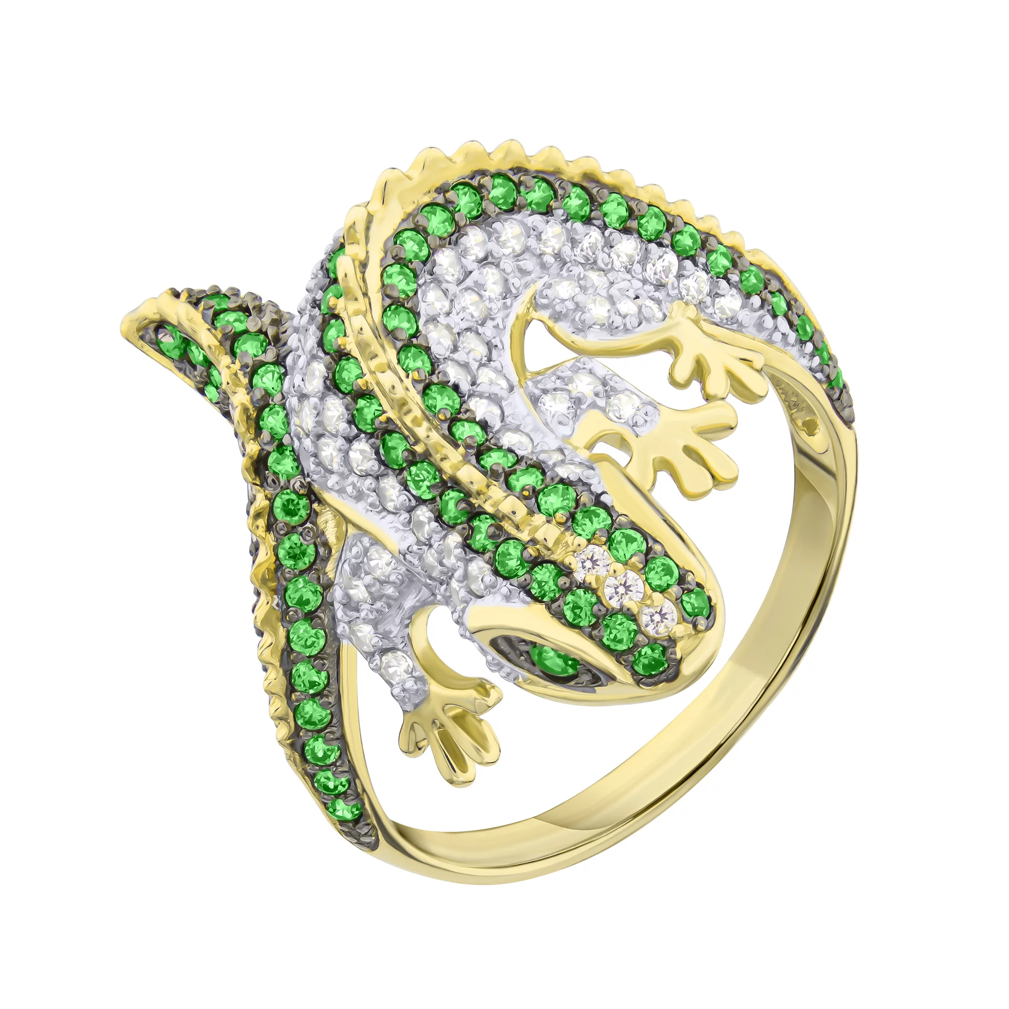 Золотое кольцо с бело-зелеными фианитами "Ящерица" - 637056 – изображение 1