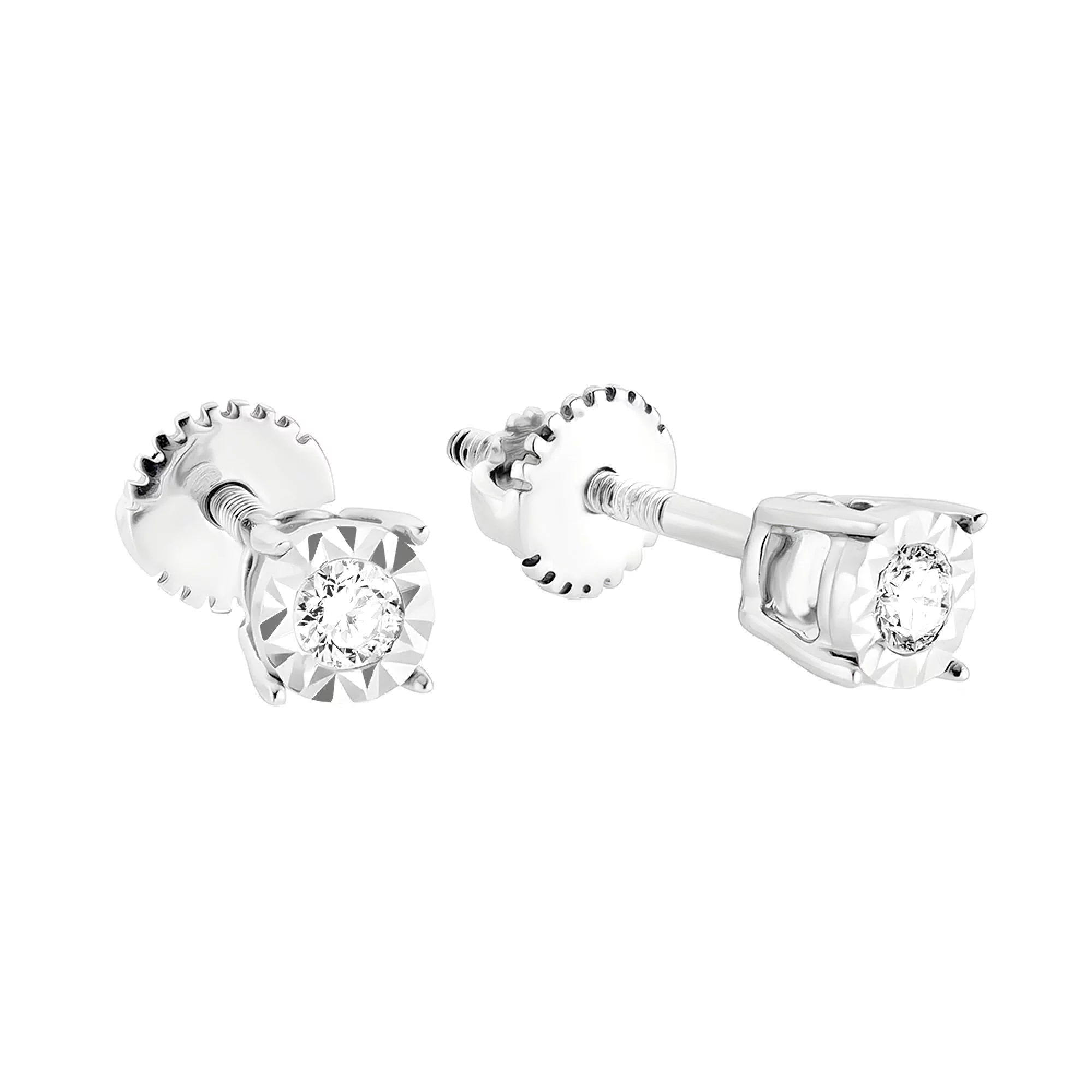 Сережки-гвоздики з білого золота з діамантом і алмазною гранню - 1532749 – зображення 1