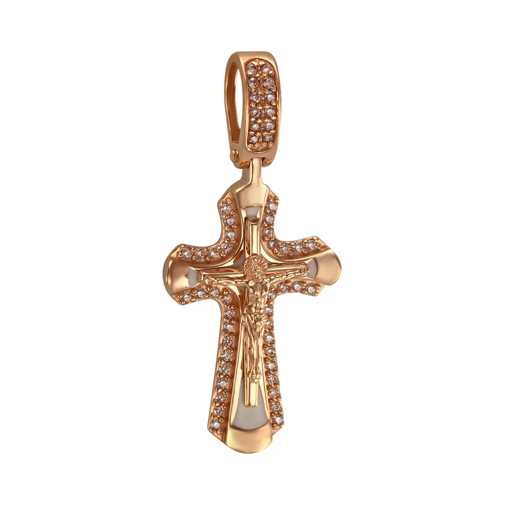 Крестик из красного золота с фианитом и эмалью - 1434847 – изображение 1