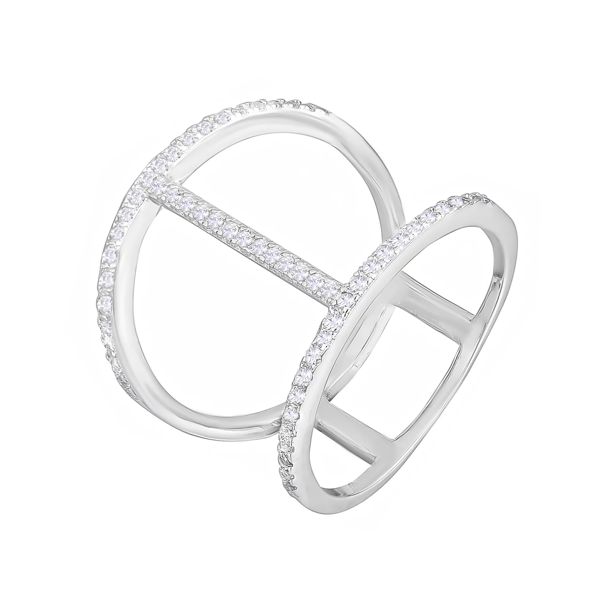 Серебряное двойное кольцо с дорожкой фианита - 1566703 – изображение 1