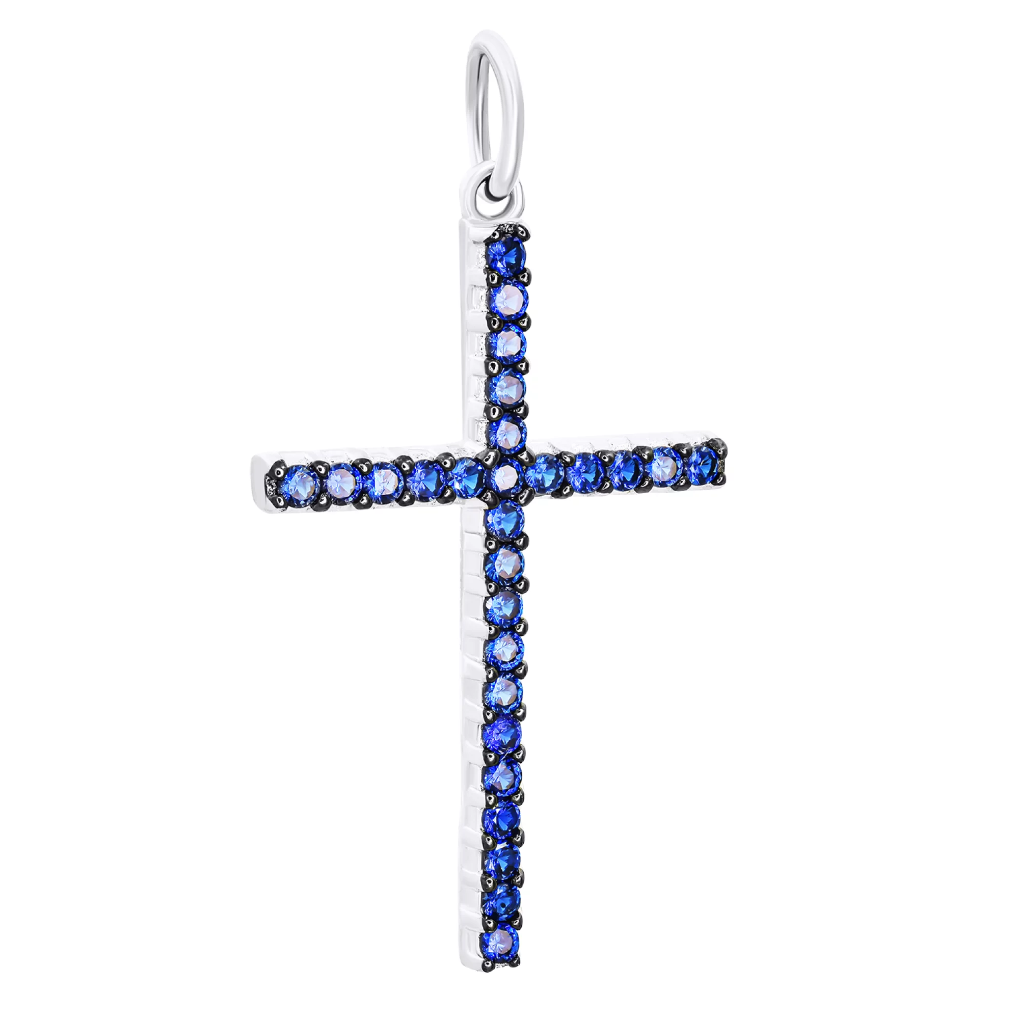 Декоративный серебряный крестик с синими фианитами - 1546803 – изображение 1
