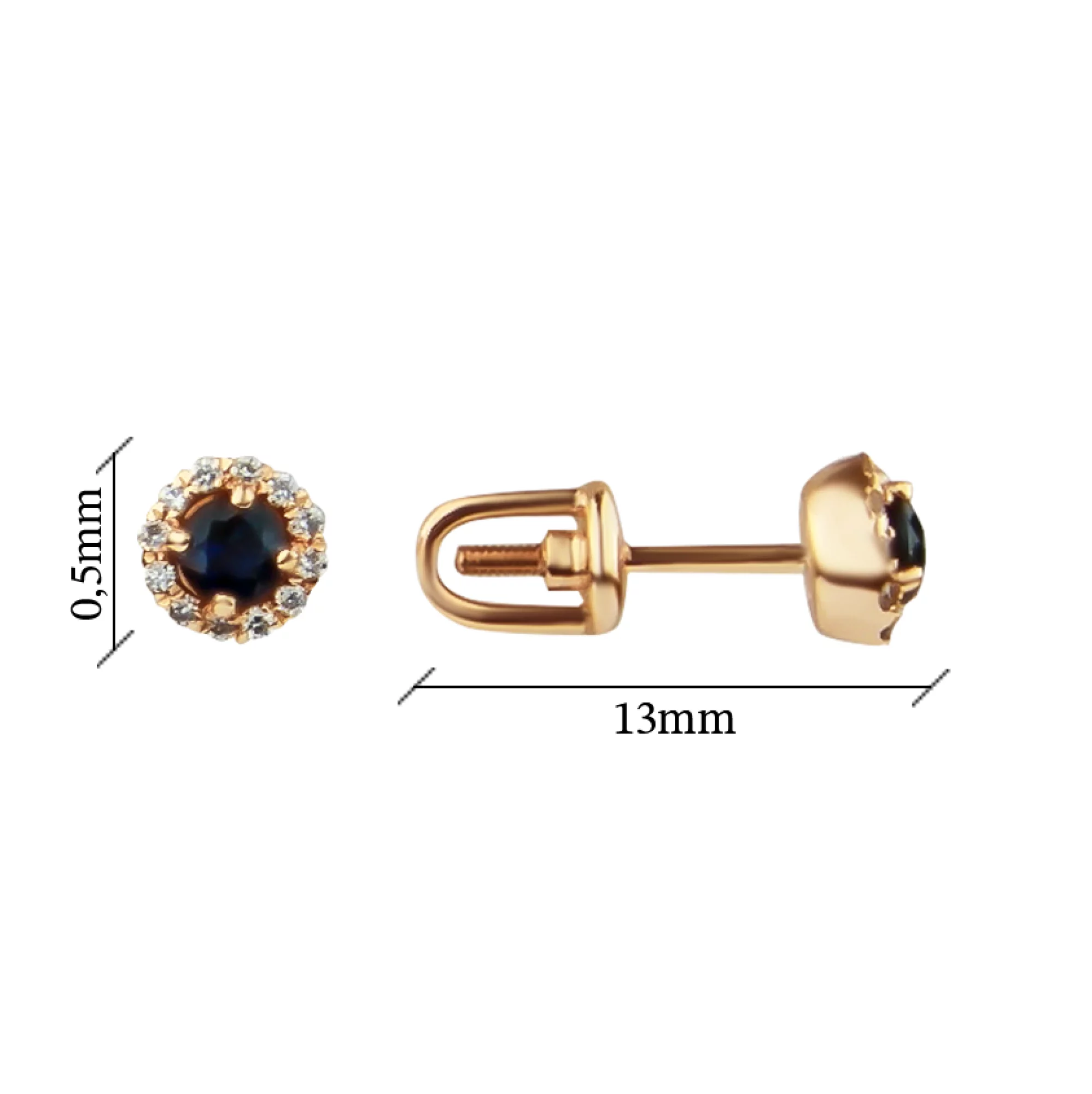 Сережки-гвоздики с бриллиантом и сапфиром из красного золота - 970142 – изображение 2