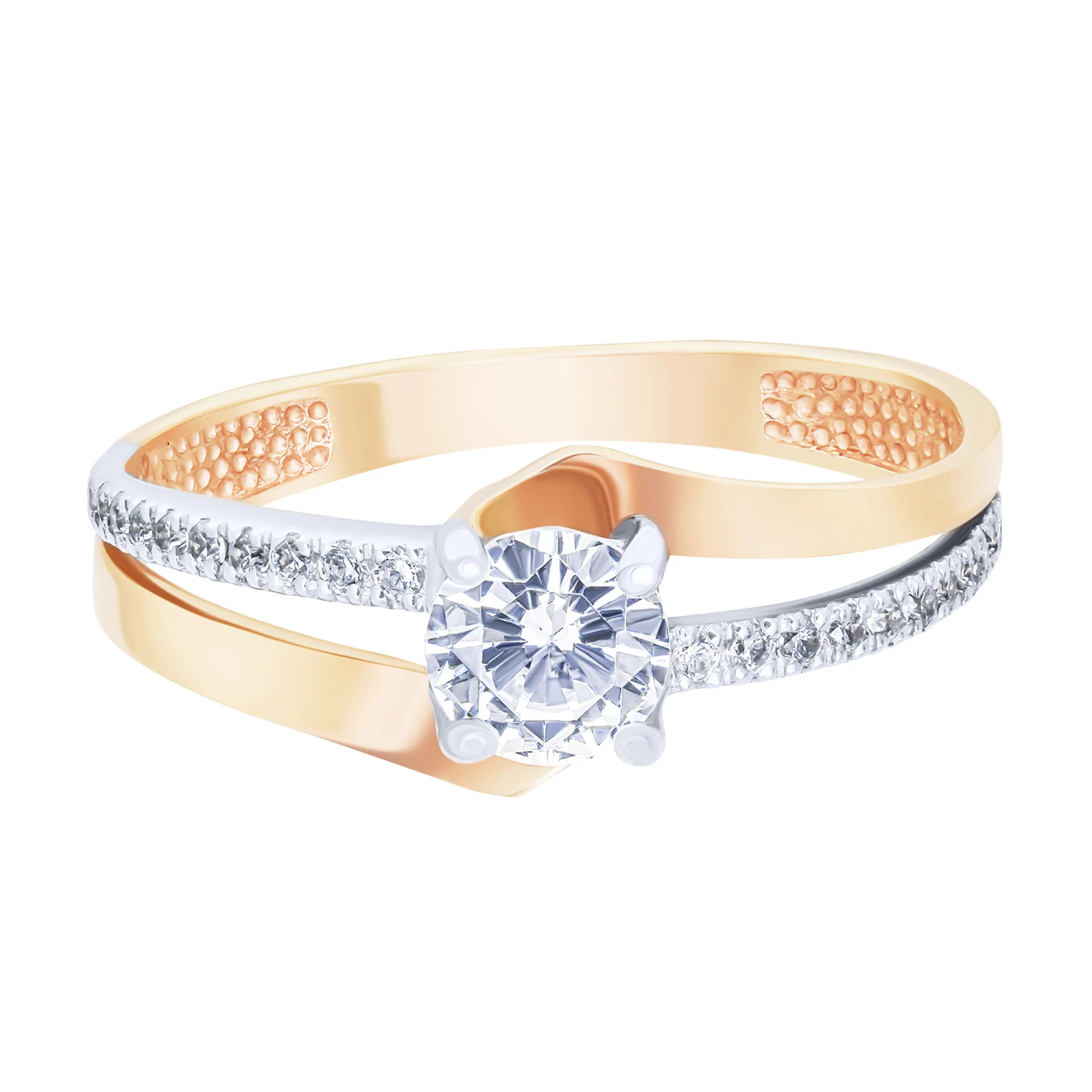 Двойное кольцо для помолвки из красного золота с фианитами - 1559538 – изображение 4