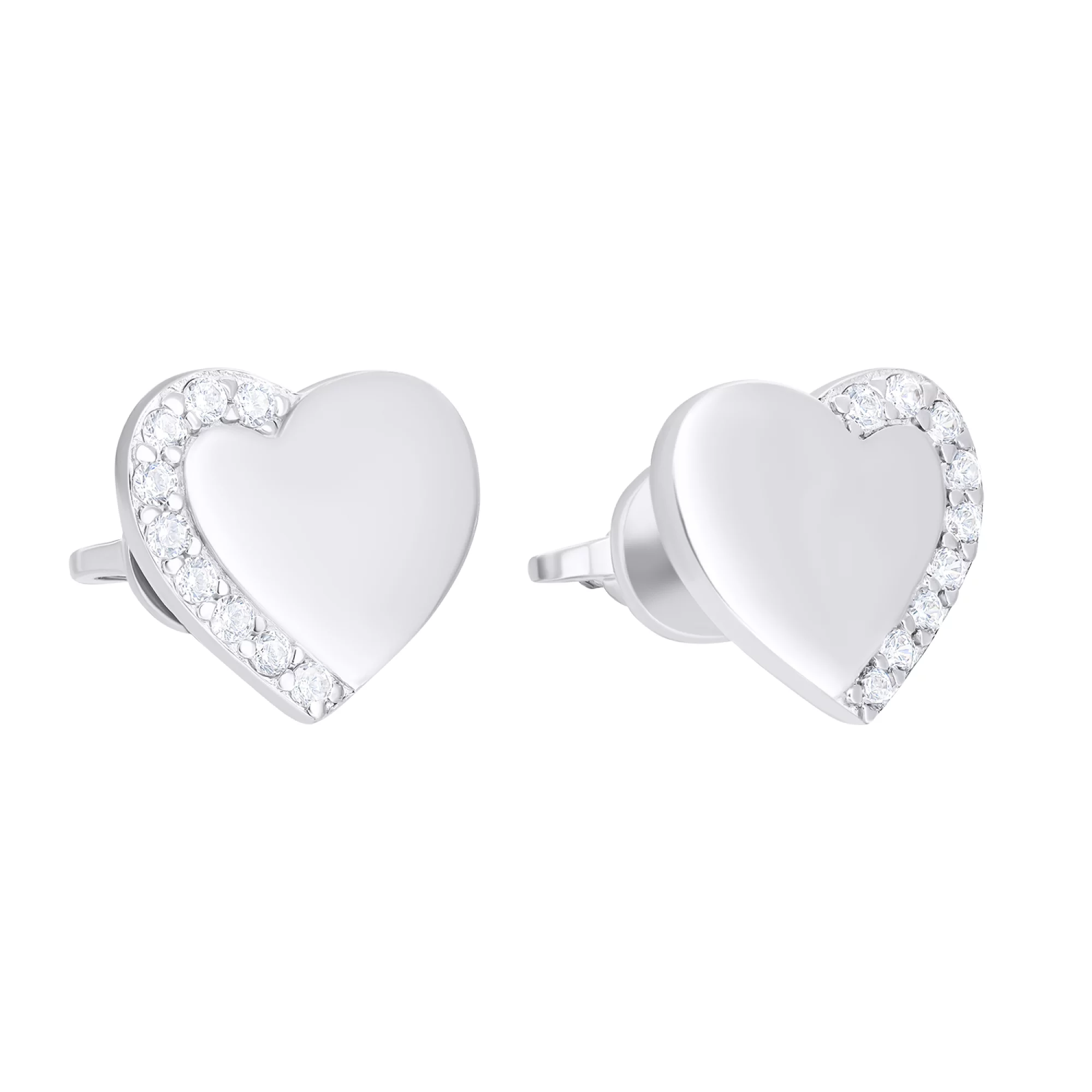 Срібні сережки-гвоздики "Сердечко" з фіанітами - 1548788 – зображення 1