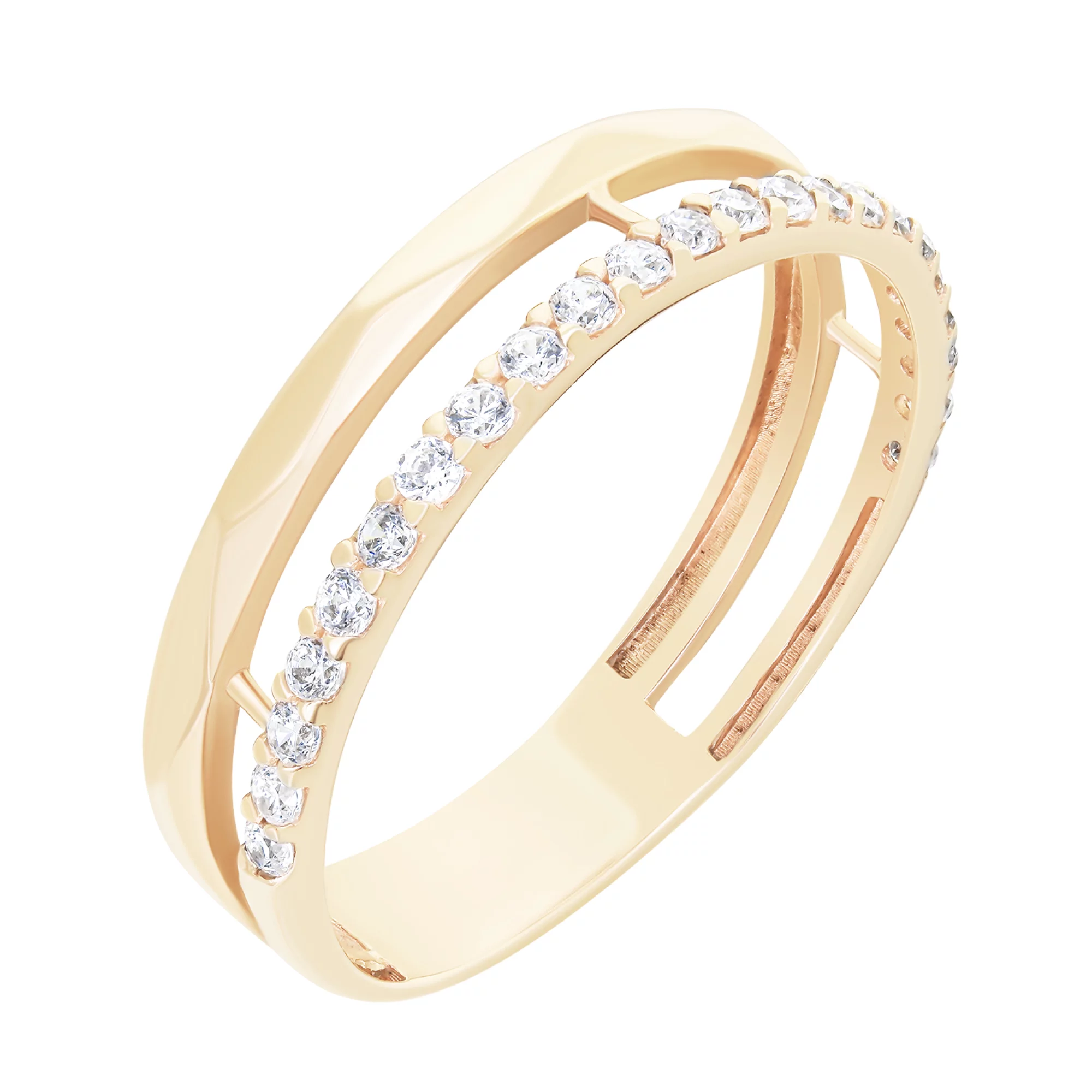 Золотое двойное кольцо с дорожкой фианитов - 1642933 – изображение 1