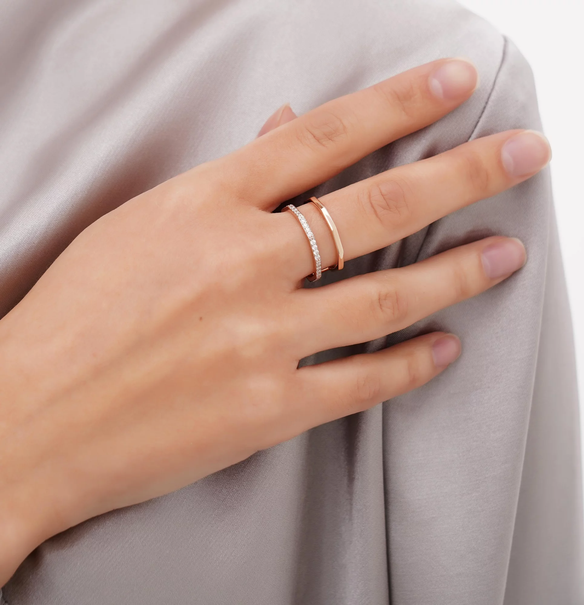 Двойное кольцо с дорожкой фианитов - 1690075 – изображение 3