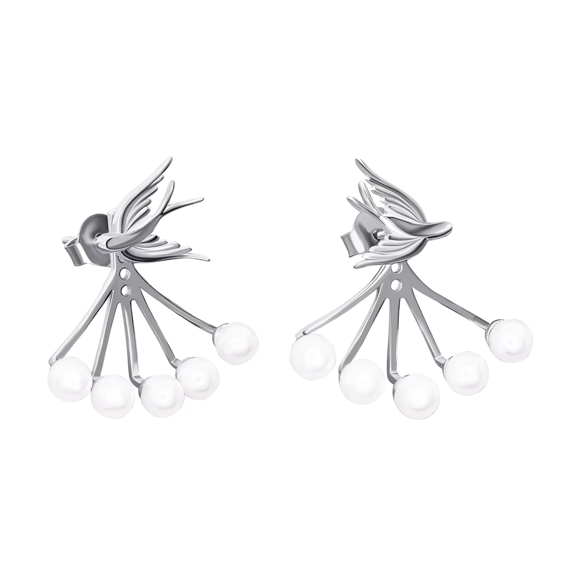 Срібні сережки-гвоздики зі знімною частиною "Ластівка" з перлами - 1530343 – зображення 1