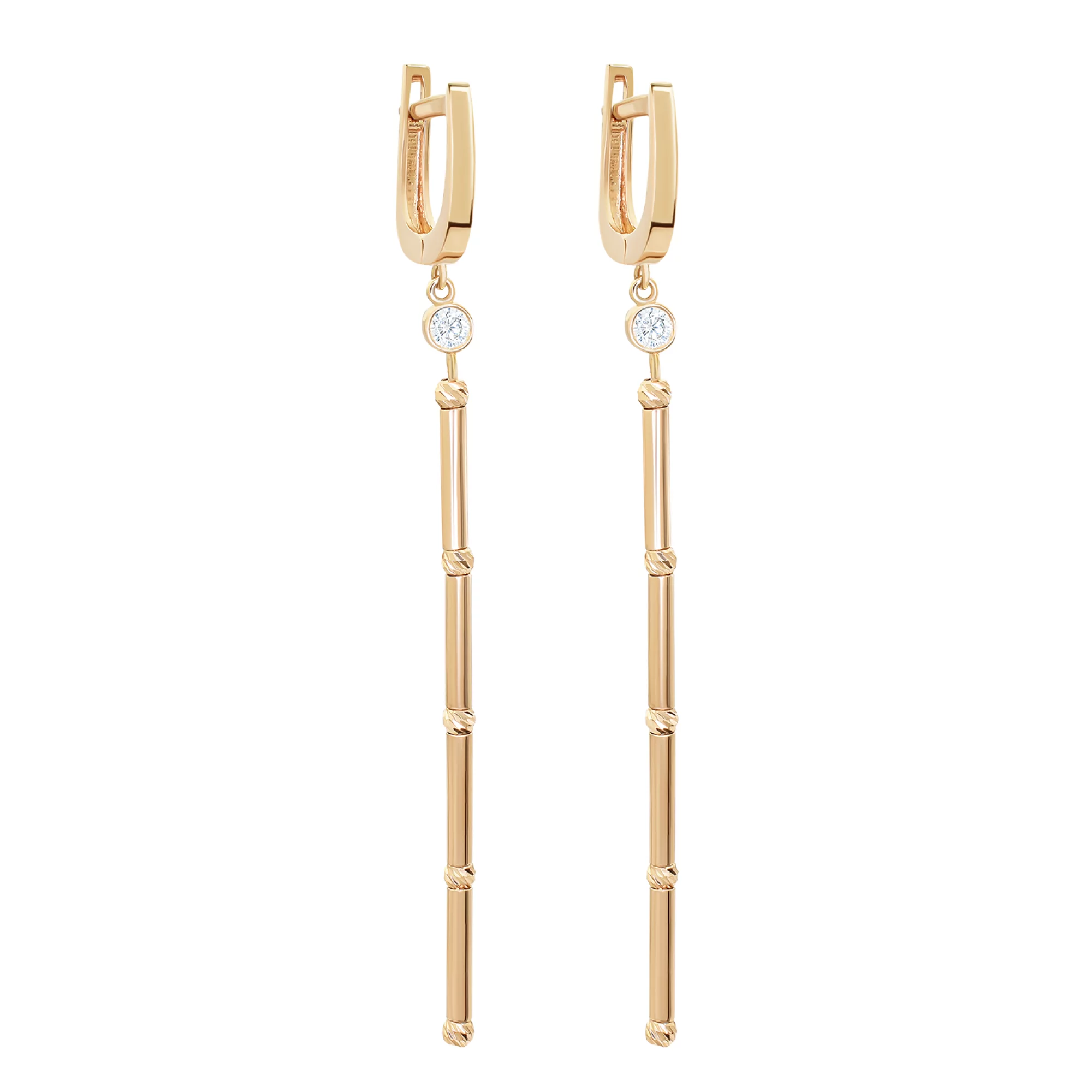 Золоті сережки з підвісками "Палички" з фіанітом та алмазною гранню - 1530961 – зображення 1