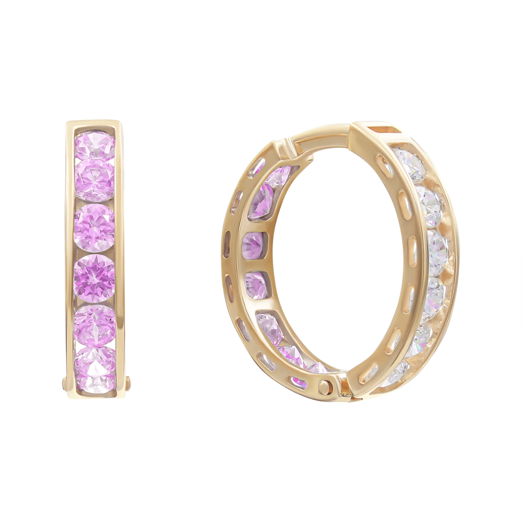 Сережки-кольца из красного золота с белыми и розовыми фианитами - 849749 – изображение 1