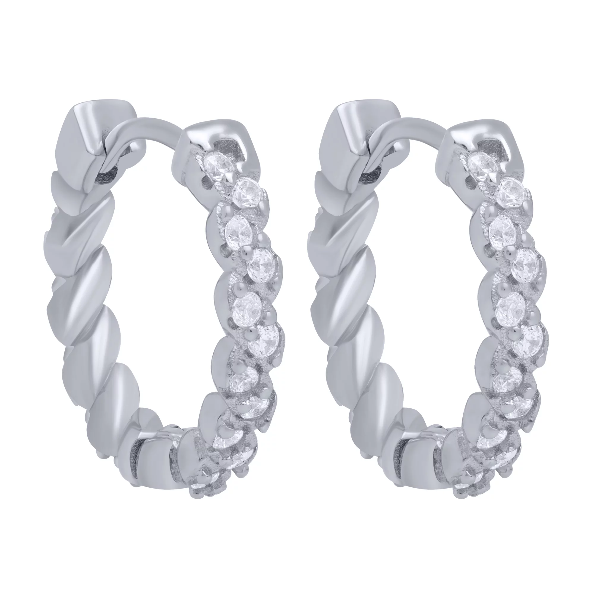 Серебряные серьги-кольца с фианитами - 1701785 – изображение 1