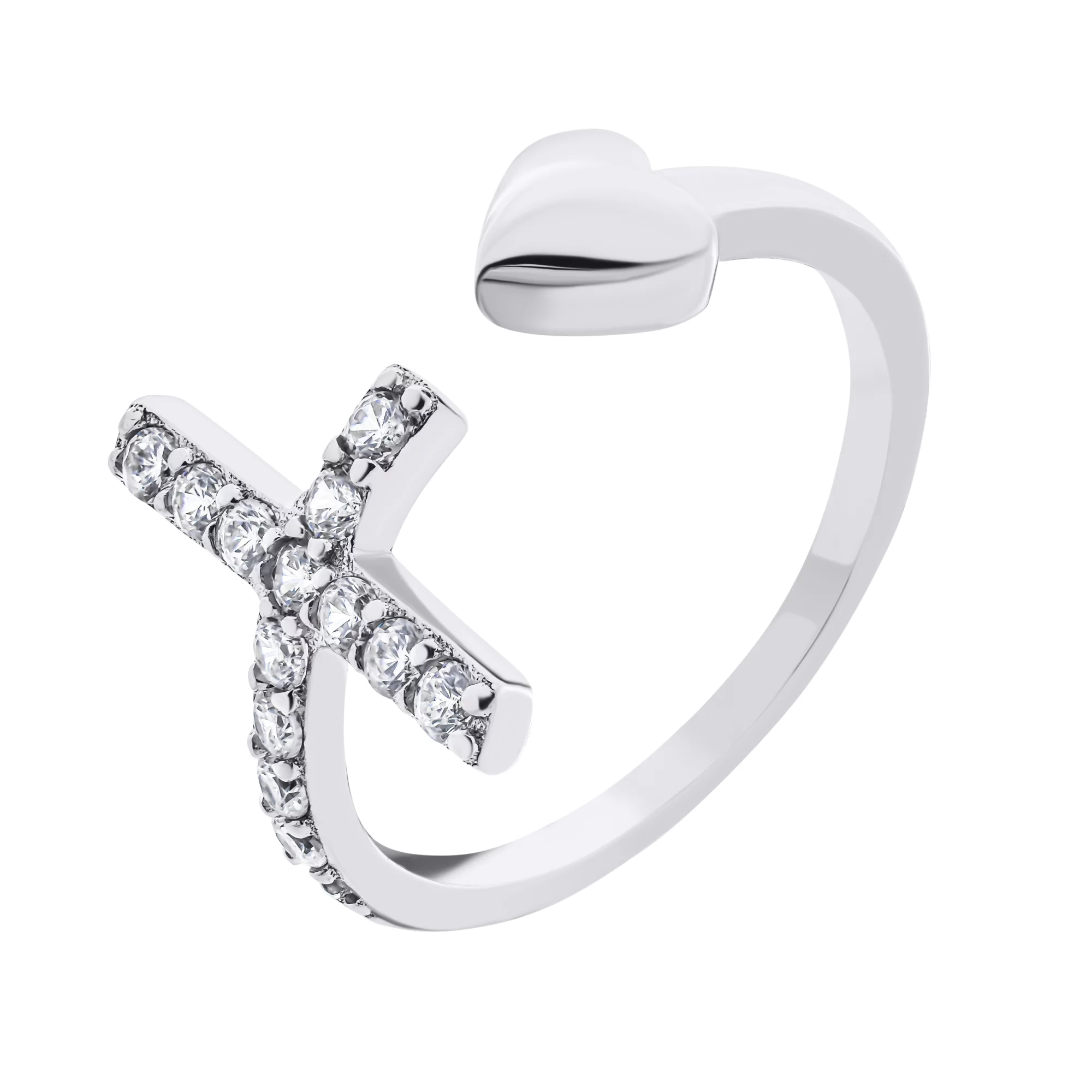 Серебряное кольцо "Сердечко и Крестик" с дорожкой фианитов - 1528923 – изображение 1