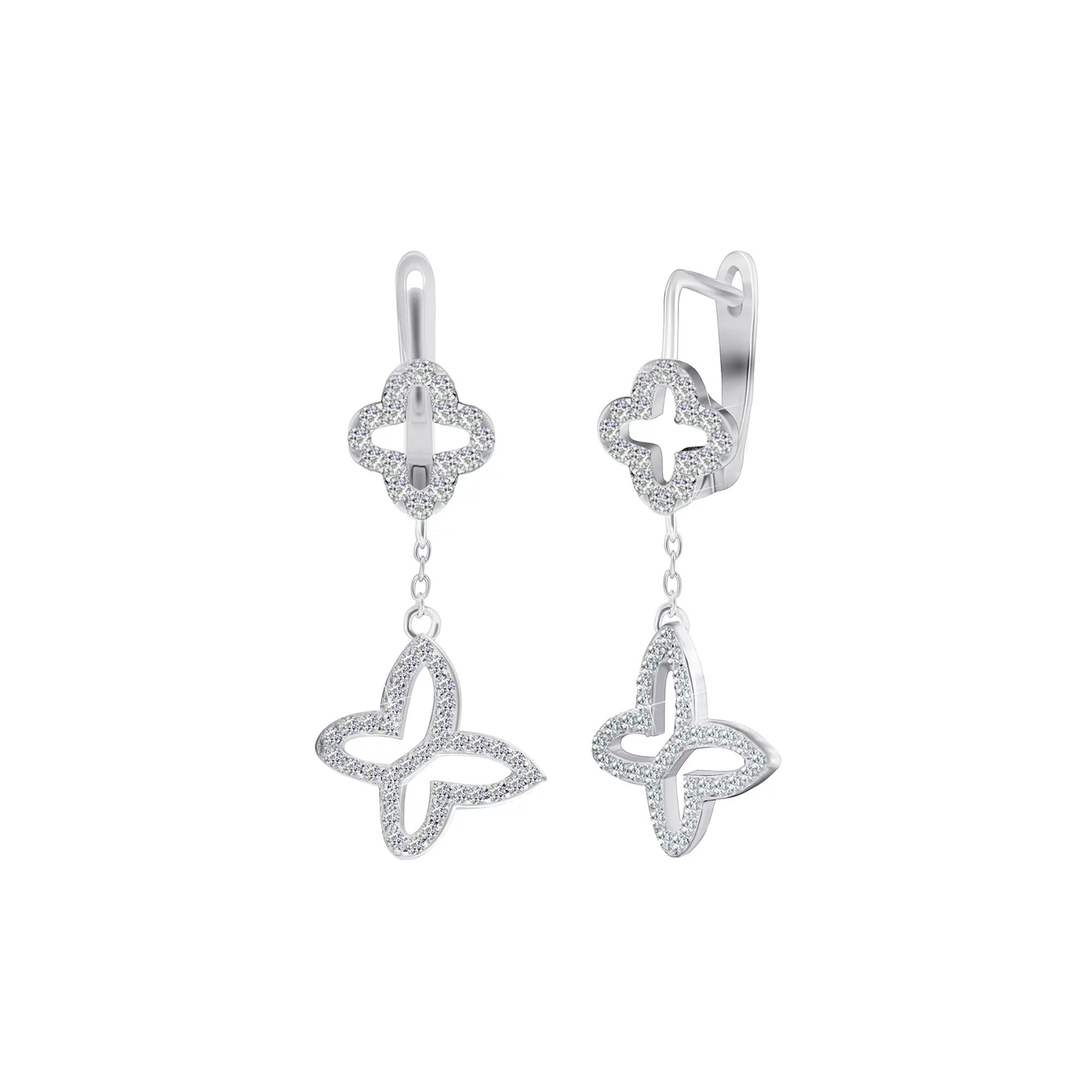 Срібні сережки з фіанітом Конюшина з підвісами Метелики - 375427 – зображення 1