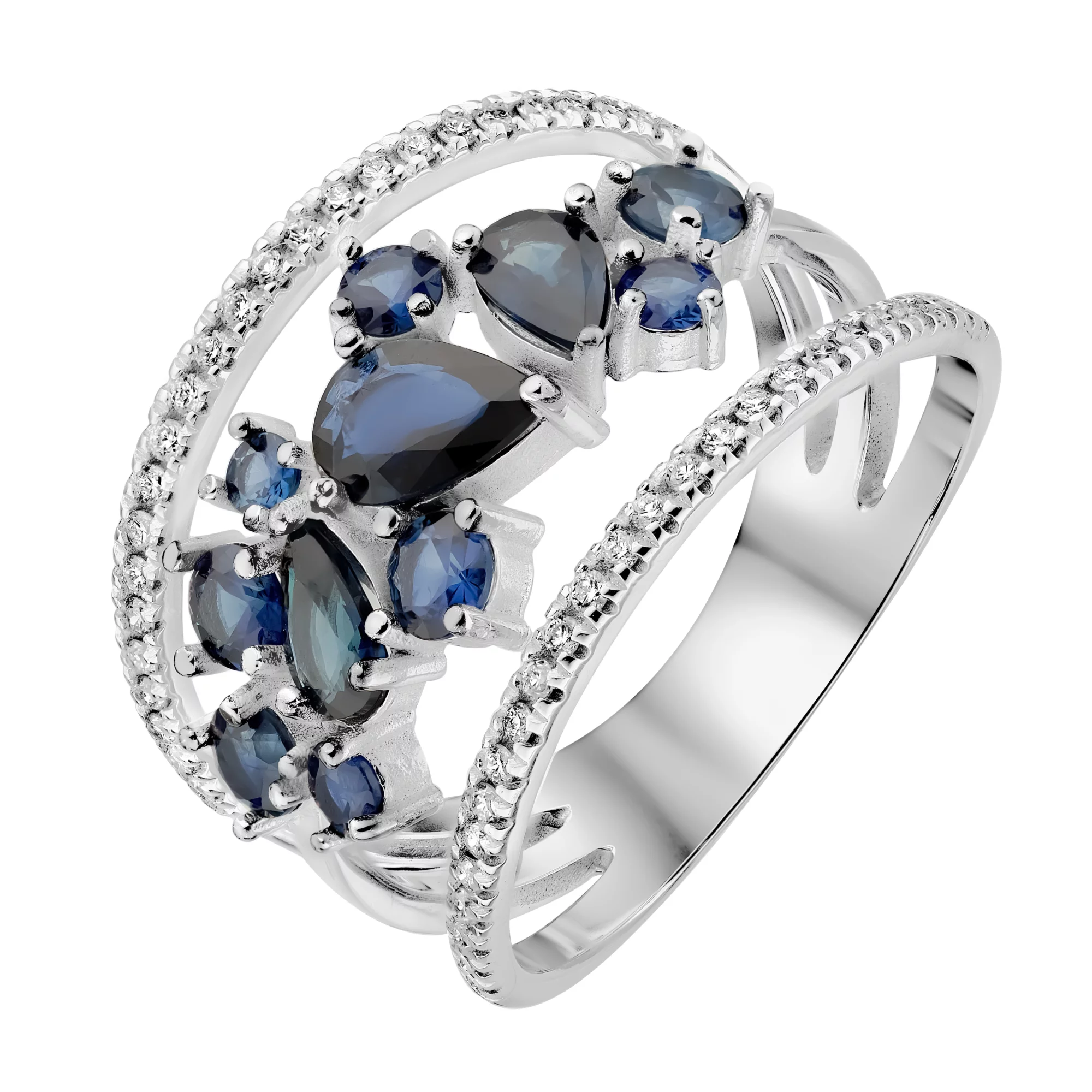 Тройное кольцо в белом золоте с бриллиантами и сапфирами - 1728749 – изображение 1