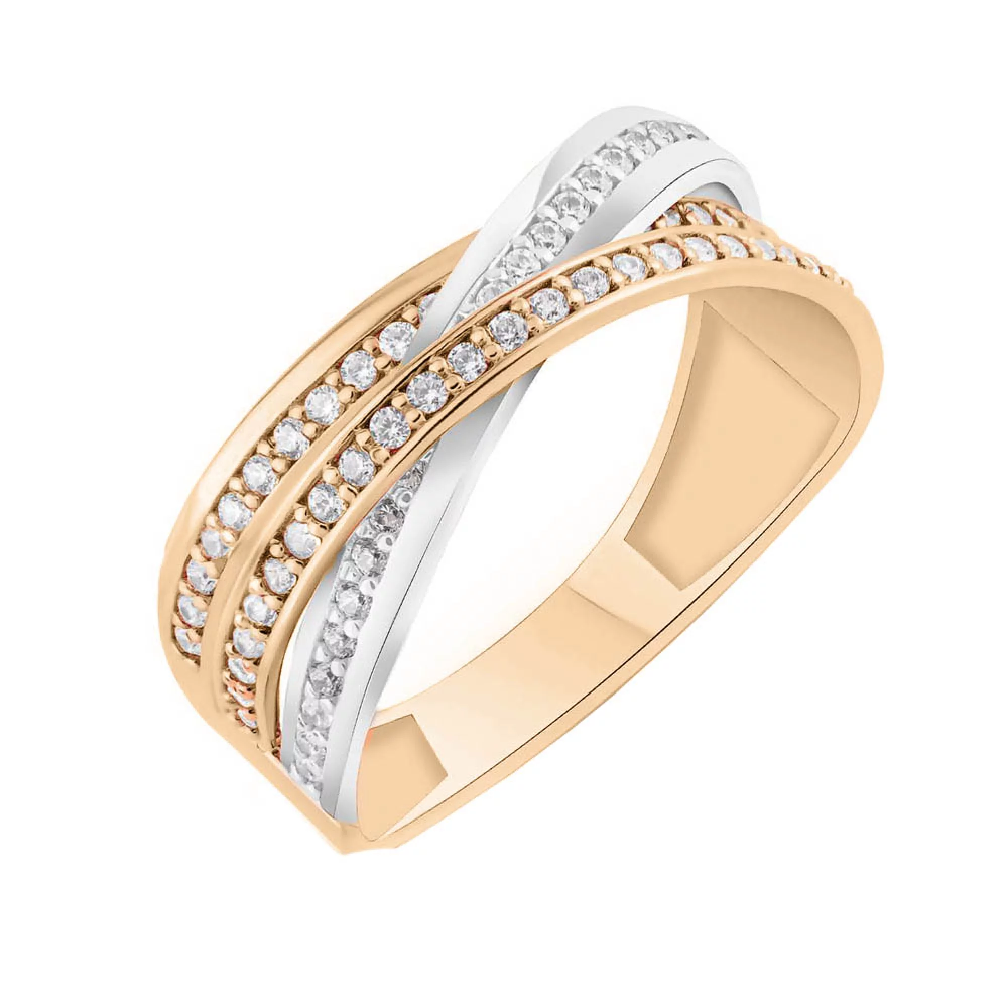 Широкое кольцо из красного и белого золота с фианитами - 1480384 – изображение 1