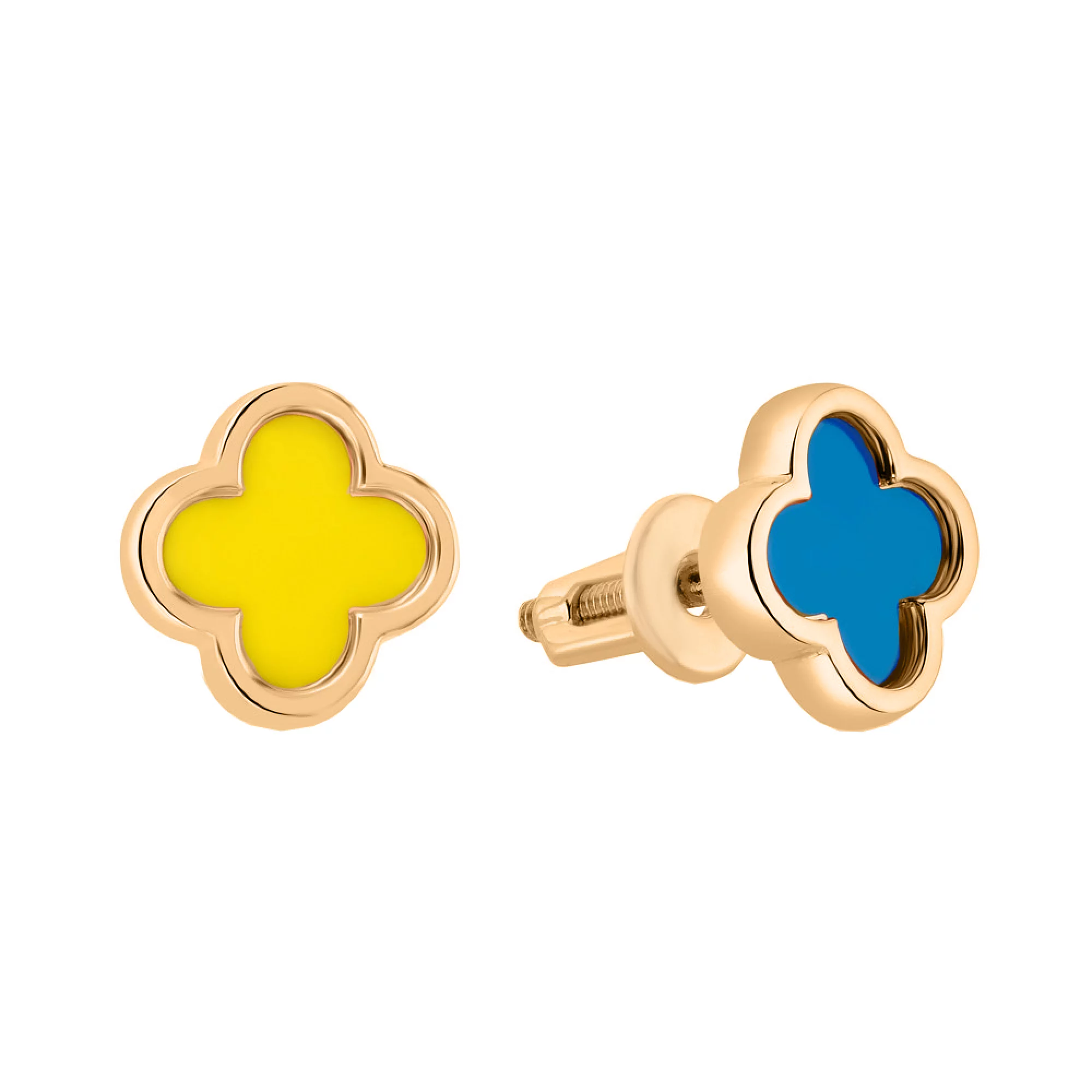 Золотые серьги-гвоздики "Клевер" с синей и желтой эмалью - 1635555 – изображение 1