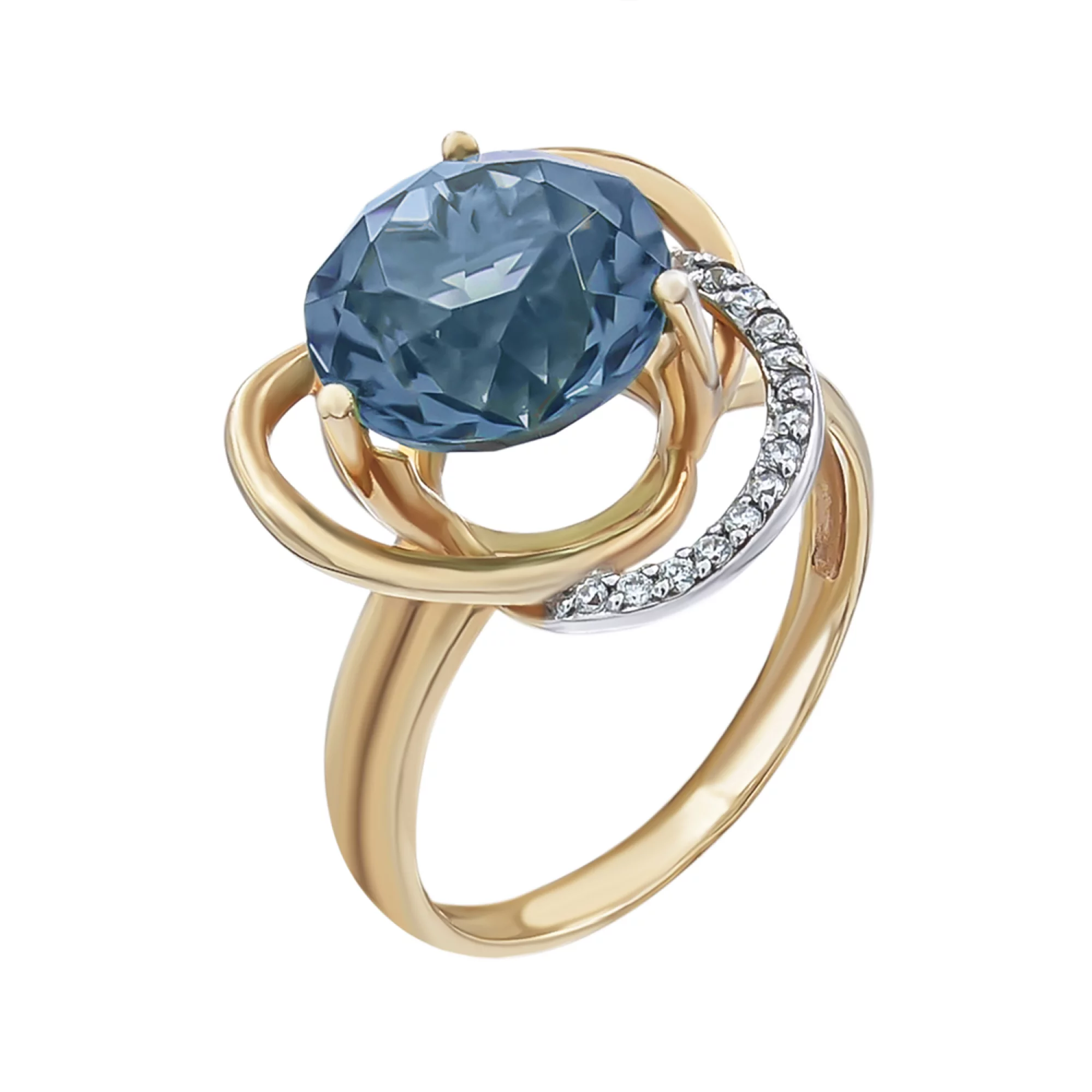 Золотое кольцо с топаз лондон и фианитами - 538349 – изображение 1