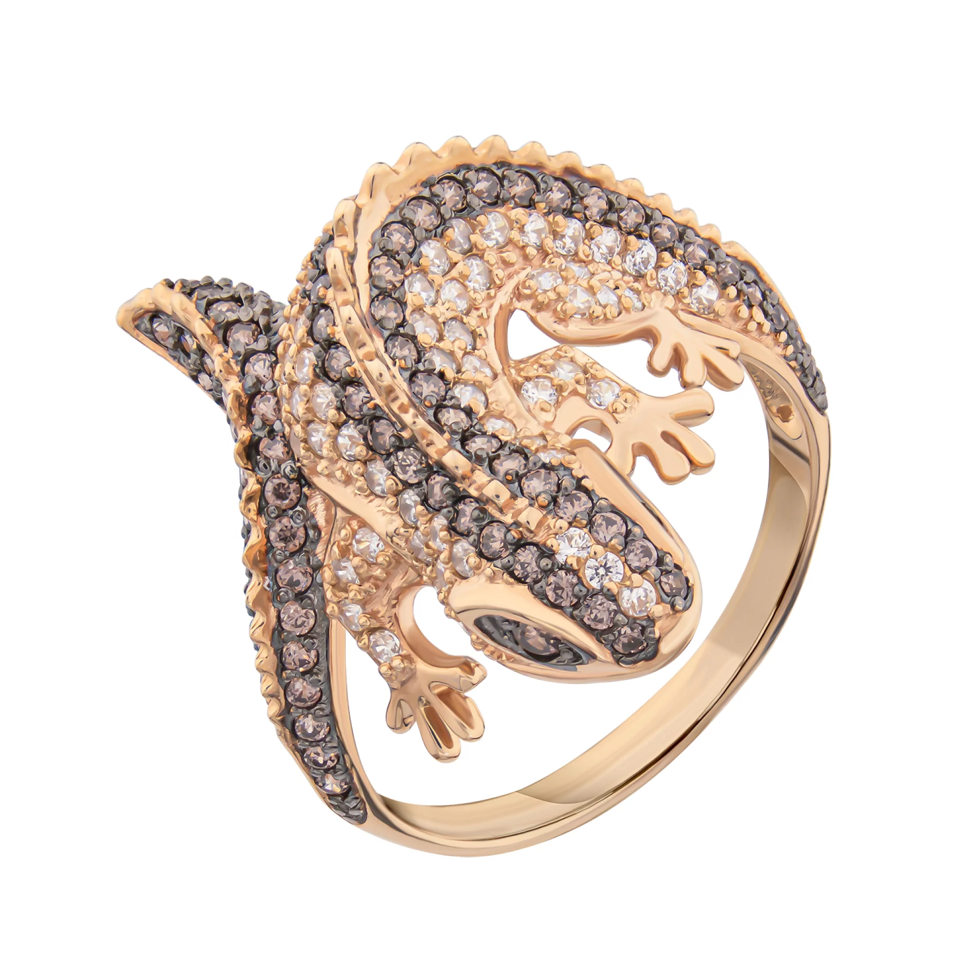 Золотое кольцо Ящерица с бело-коричневым фианитом - 637057 – изображение 1