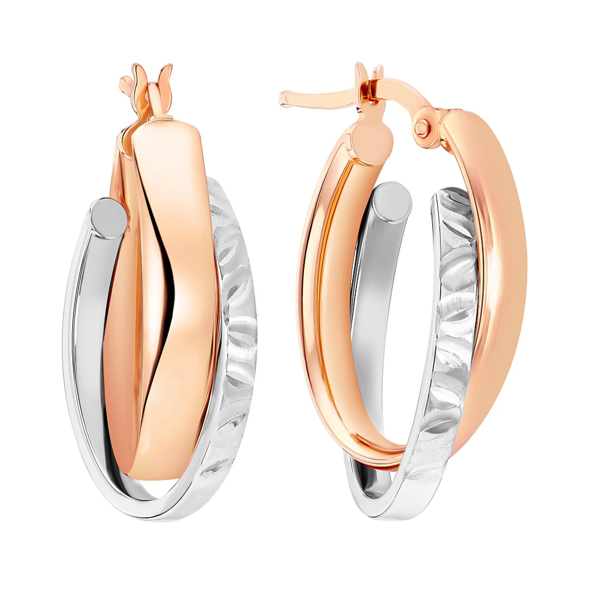 Сережки-кольца с алмазной гранью из комбинированого золота - 1350414 – изображение 1