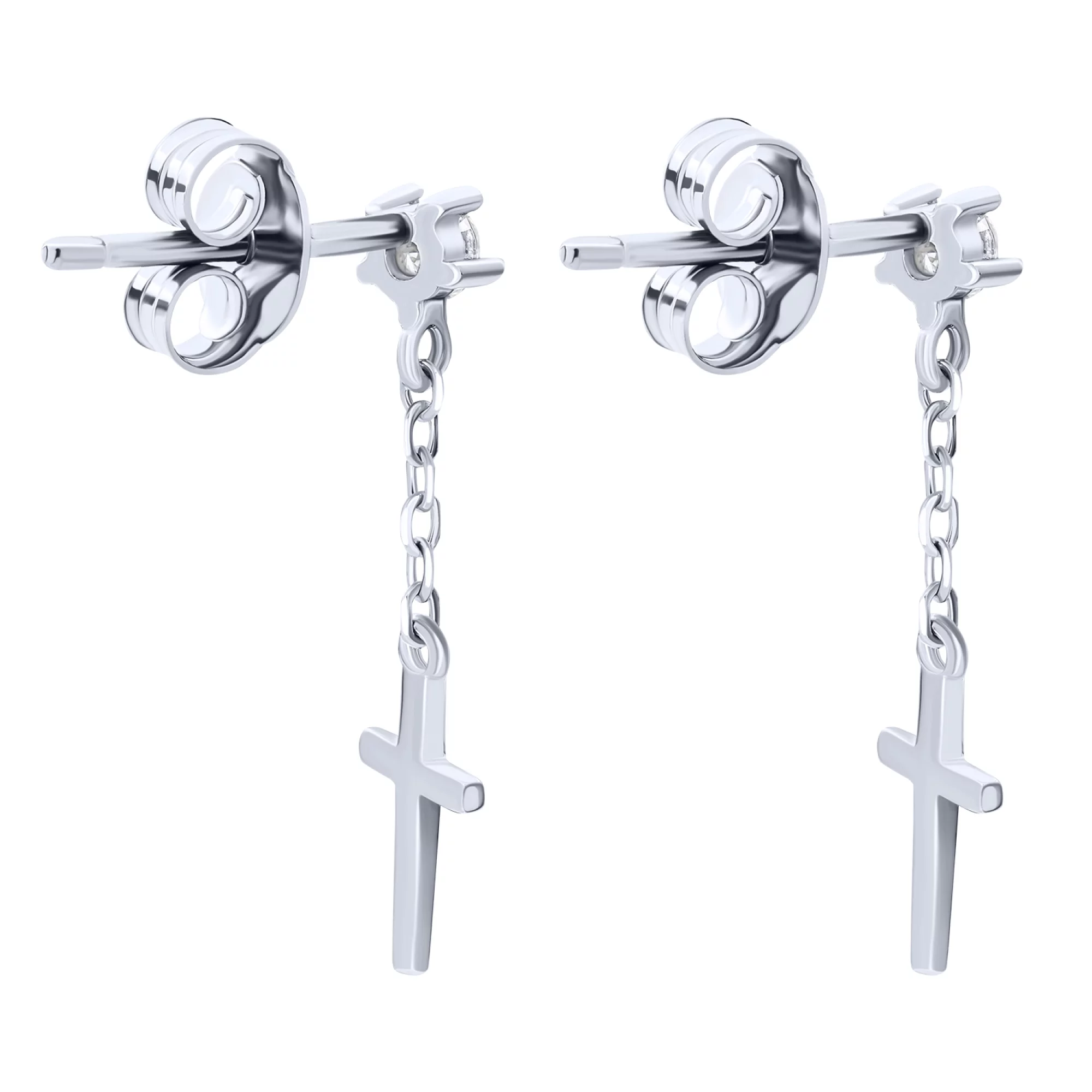 Серьги-гвоздики с подвесками "Крестик" из серебра и фианитами - 1572583 – изображение 2