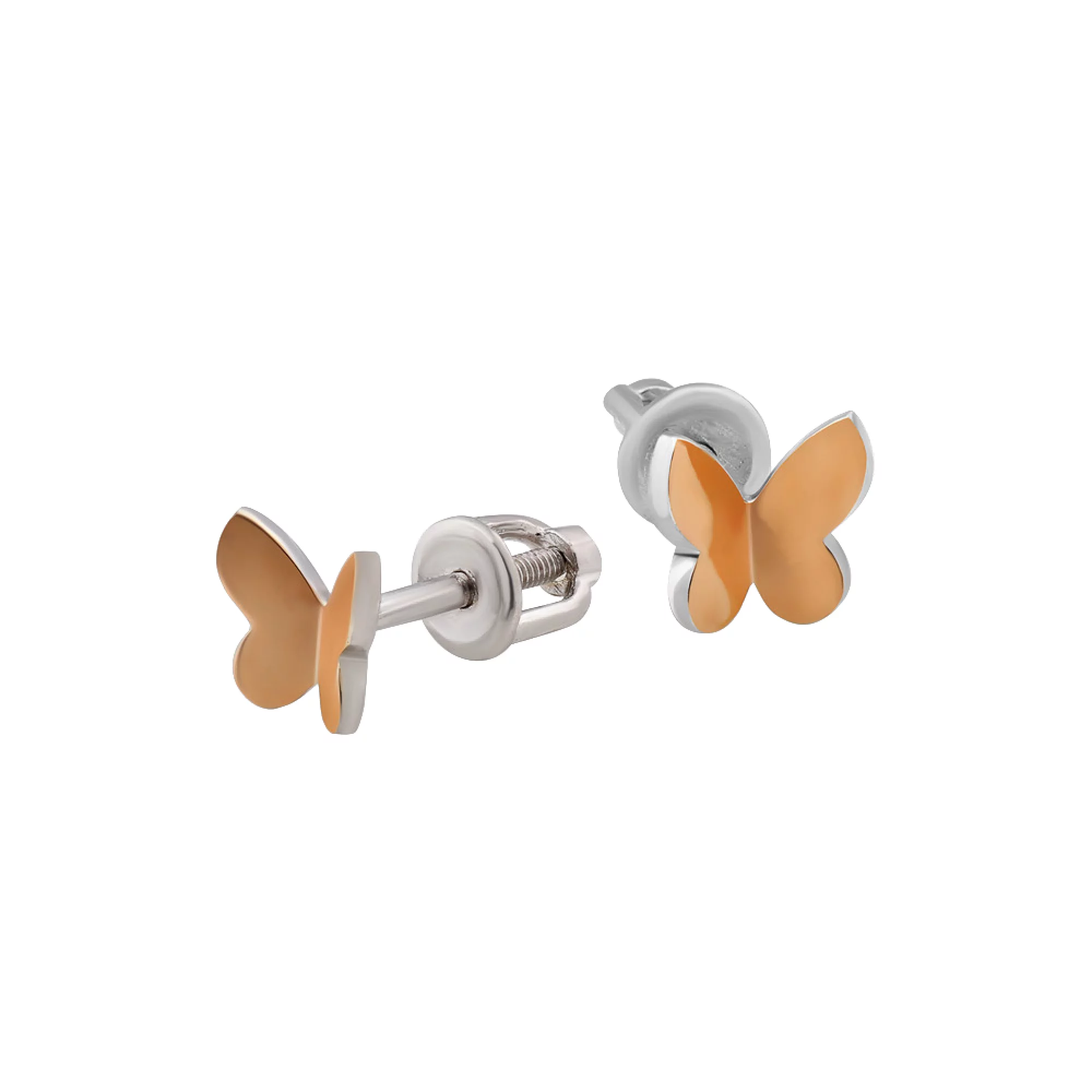 Сережки-гвоздики серебряные бабочки с родированием и позолотой  - 796554 – изображение 1