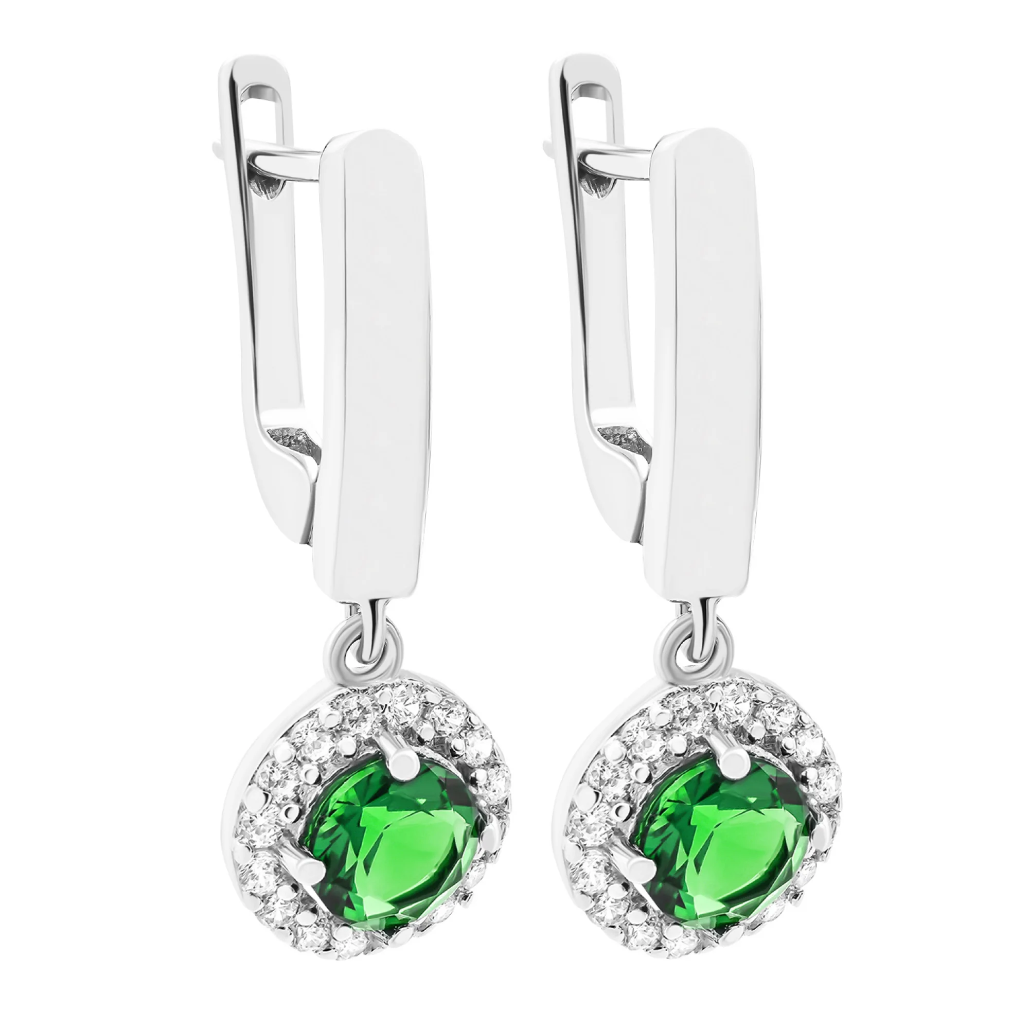 Серебряные серьги с подвесами изумрудом и фианитами - 1544809 - 1