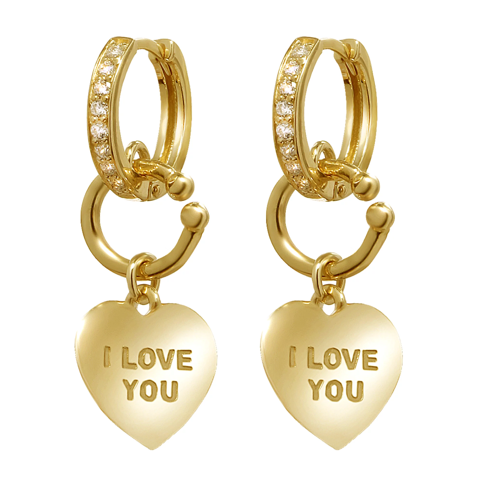 Сережки из лимонного золота с подвесками и фианитом Сердце "I Love You " - 968269 – изображение 1