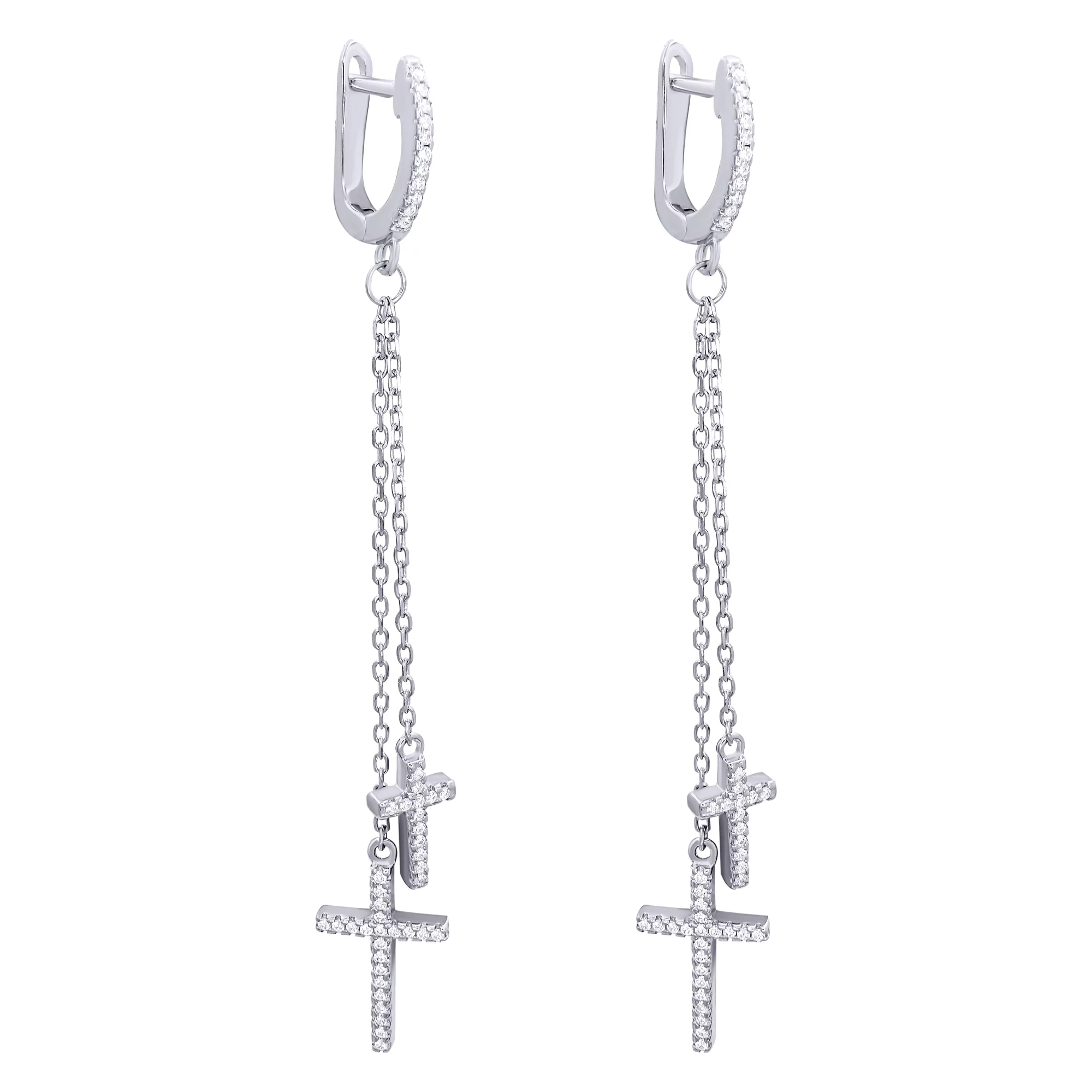 Сережки срібні з підвісними хрестиками і фіанітами - 829875 – зображення 1