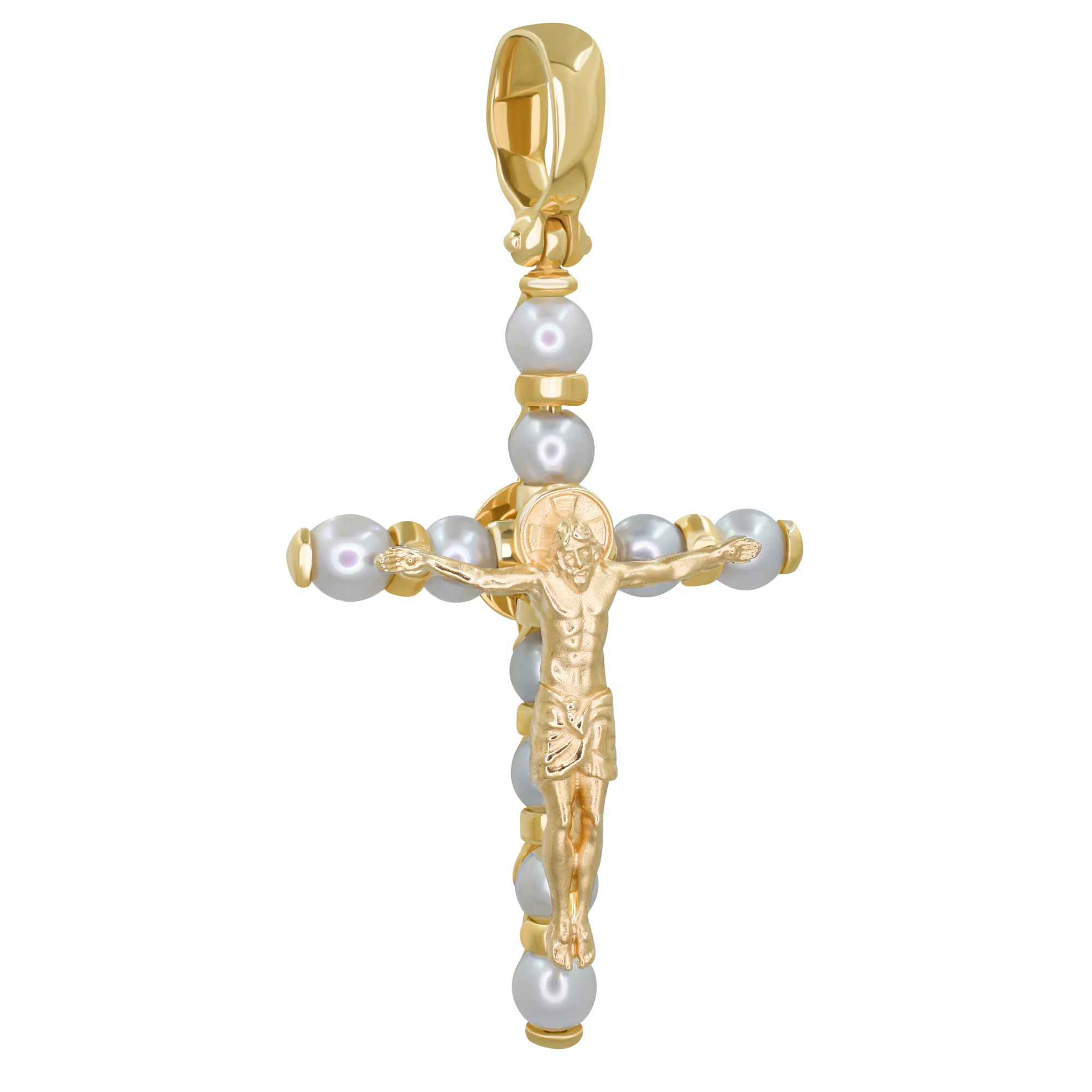 Хрестик з лимонного золота з перлинами - 947248 – зображення 2