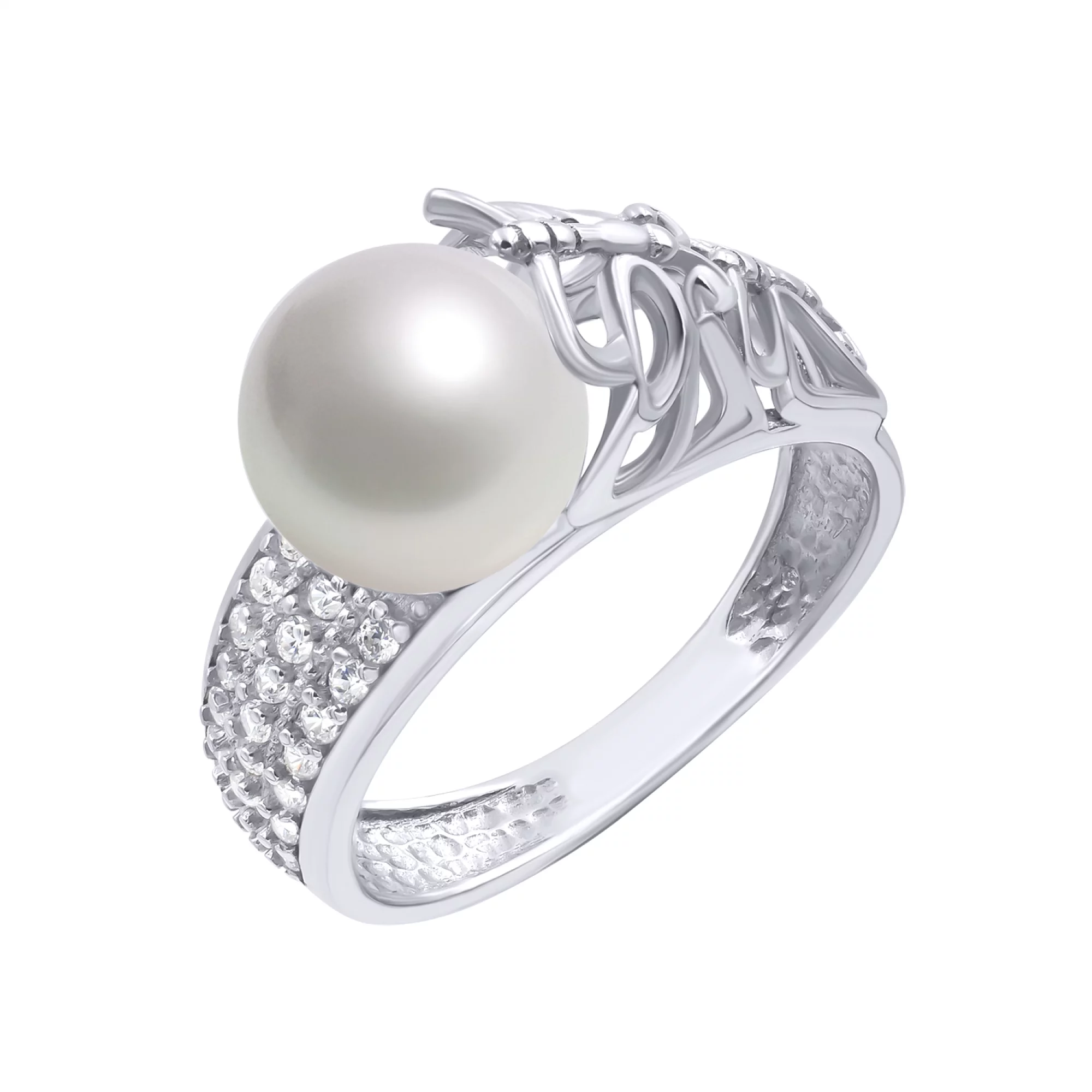 Серебряное кольцо с жемчужиной и фианитом - 771821 – изображение 1