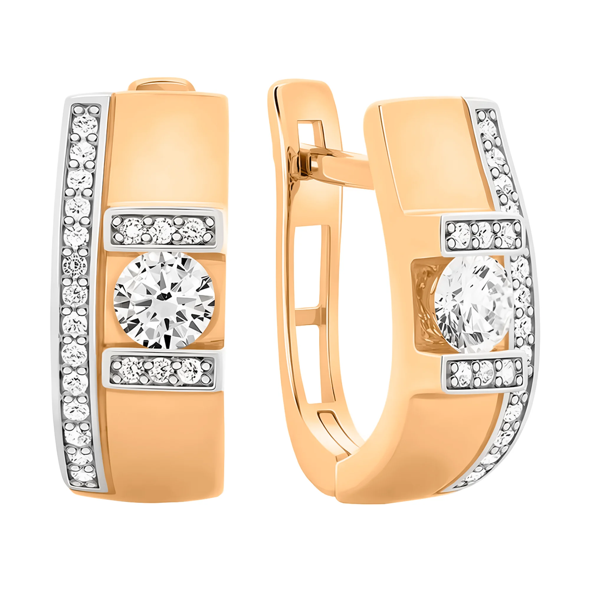 Серьги широкие с фианитами в комбинированном золоте - 406747 - 1