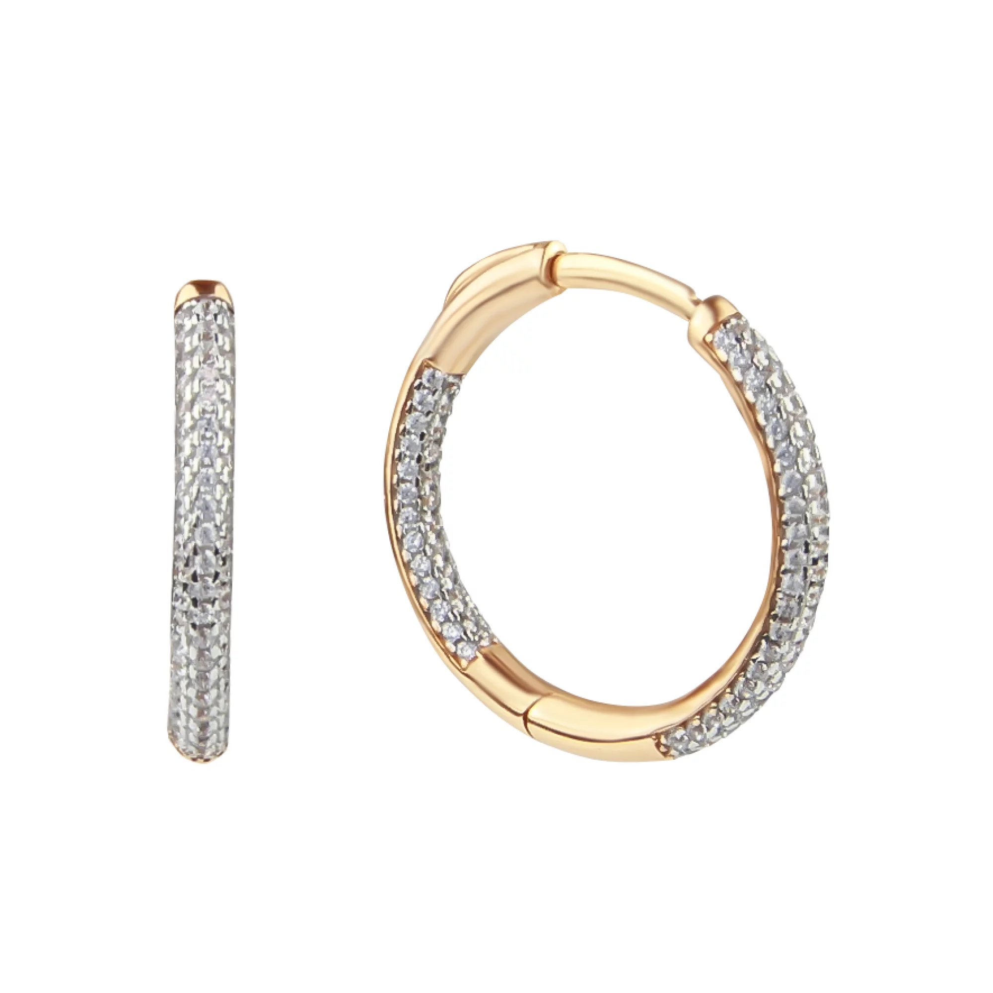 Сережки-кольца из красного золота с фианитом - 796621 – изображение 1