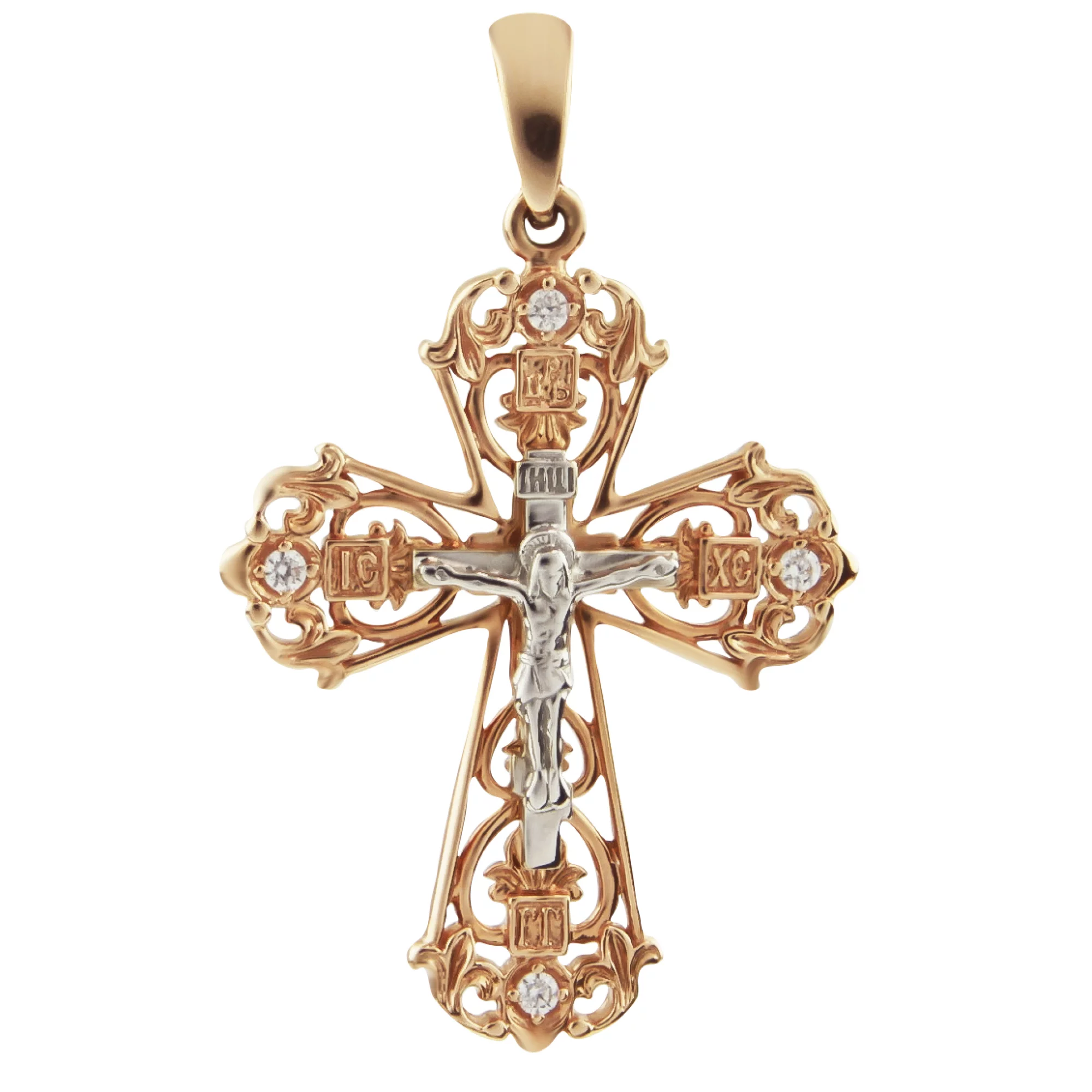 Крестик из комбинированного золота с фианитами - 474497 – изображение 1