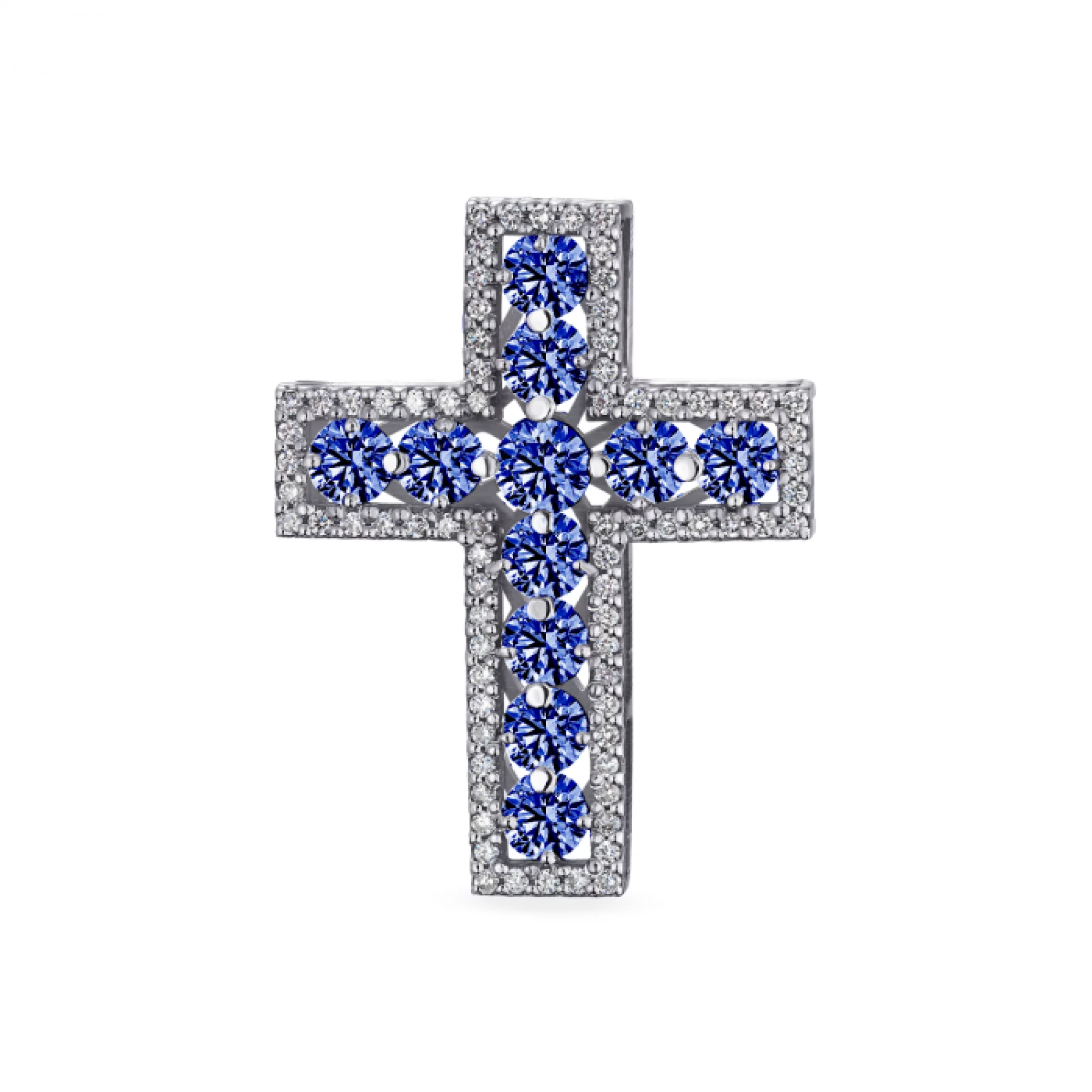 Хрест із білого золота з розсипом діамантів і сапфірів - 1553910 – зображення 1