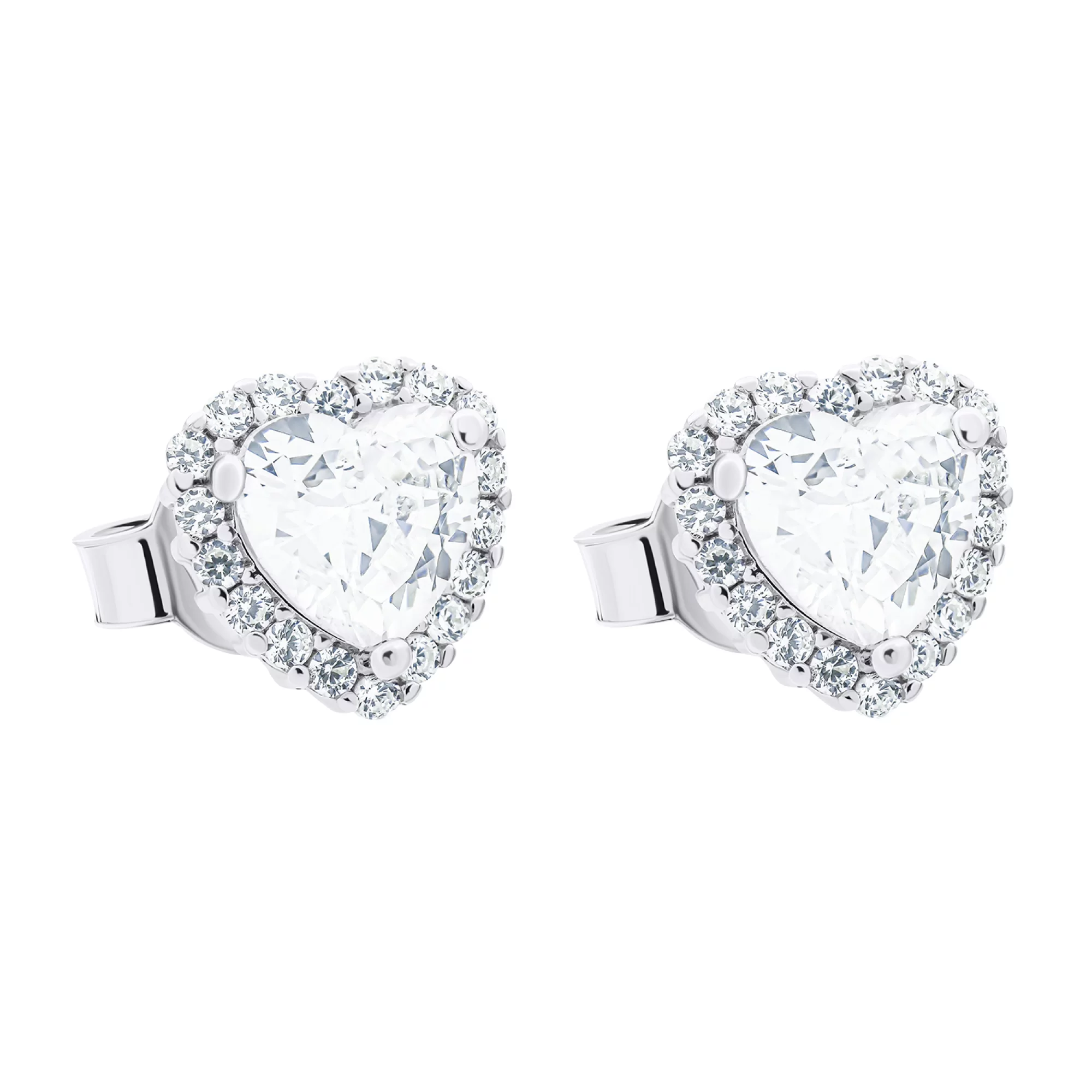 Срібні сережки-гвоздики "Сердечка" з фіанітами - 1521600 – зображення 1