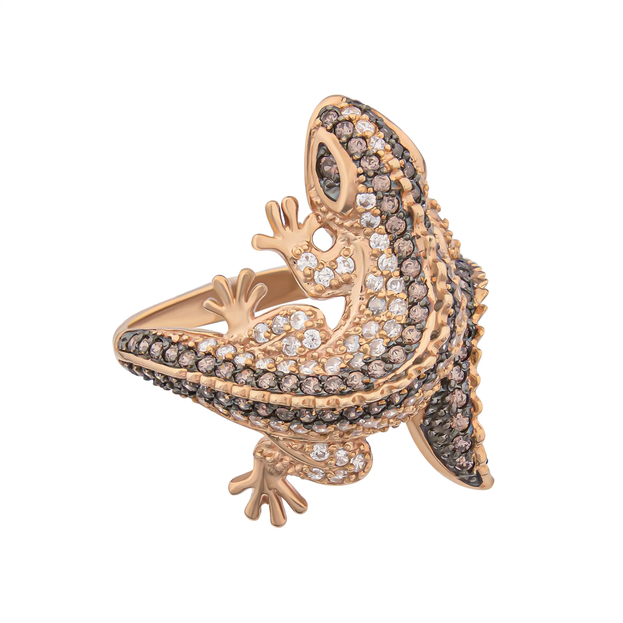 Золотое кольцо Ящерица с бело-коричневым фианитом - 637057 – изображение 2