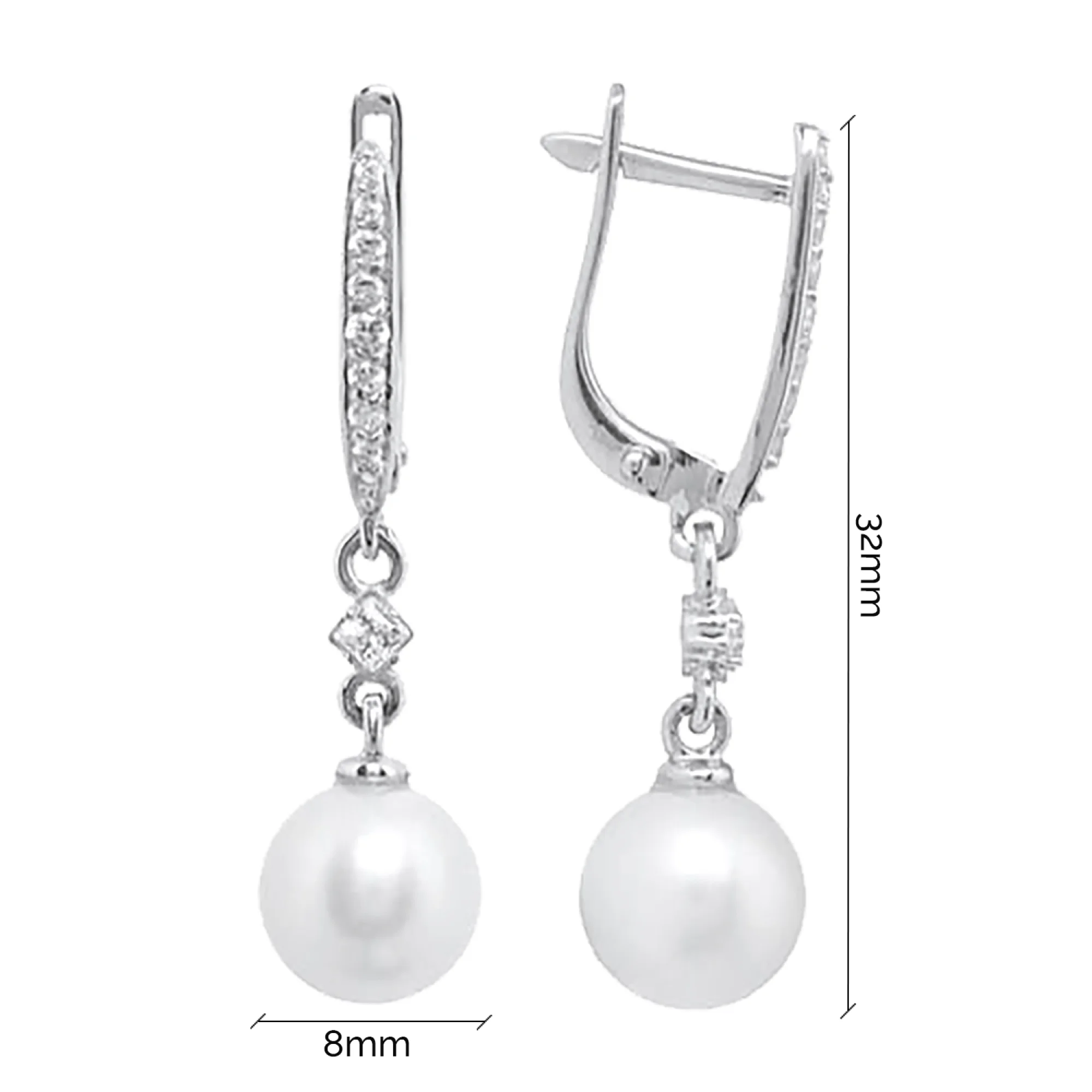 Сережки из белого золота с подвесом, фианитом и жемчугом - 969055 - 5