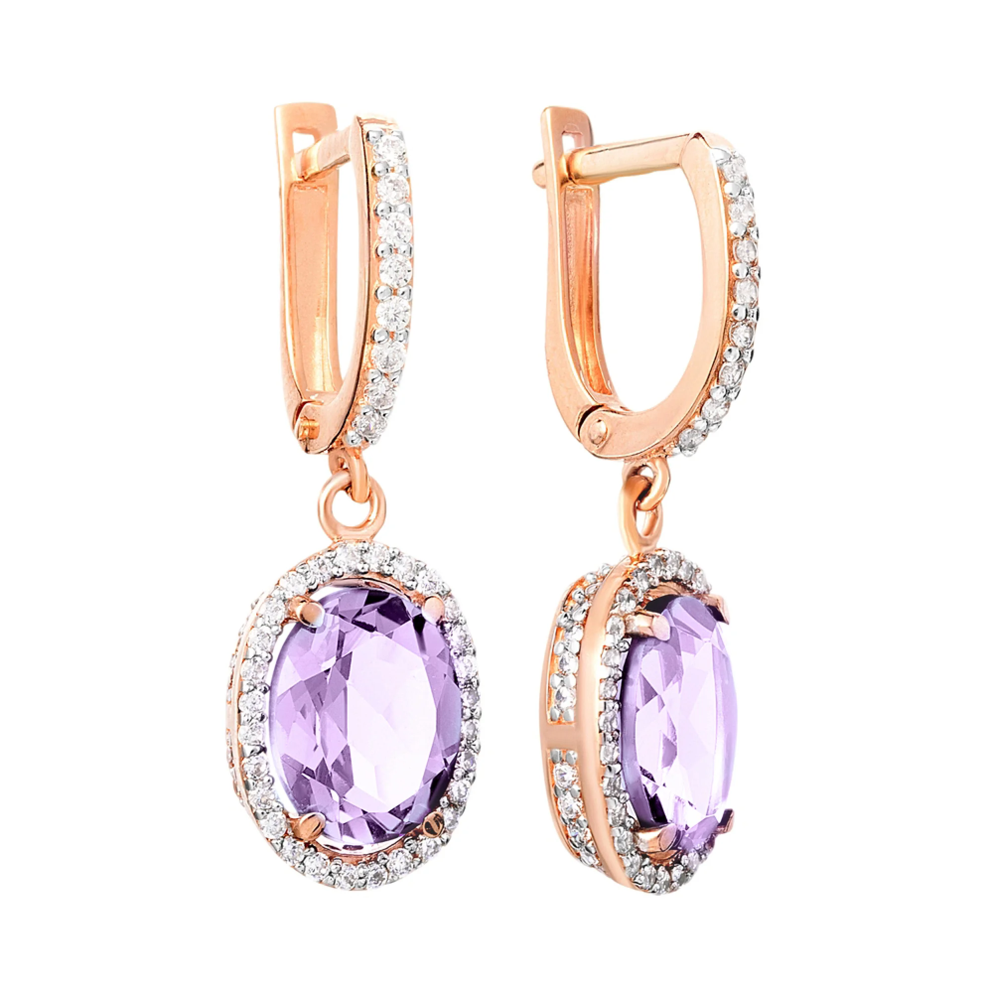 Сережки из красного золота с аметистом и фианитами с подвесами - 962611 - 1