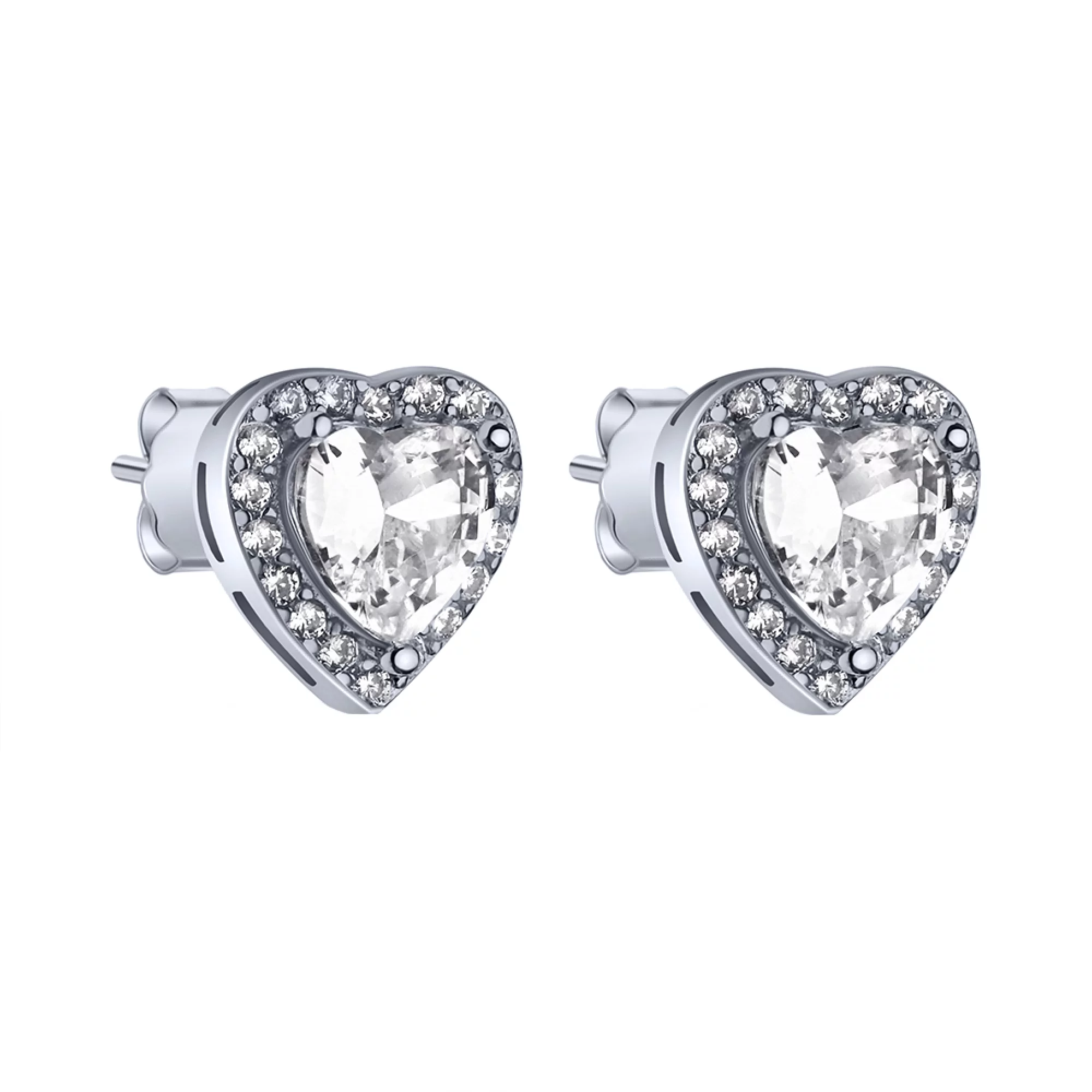 Серьги-гвоздики "Сердце" из серебра с фианитами - 1786874 – изображение 1