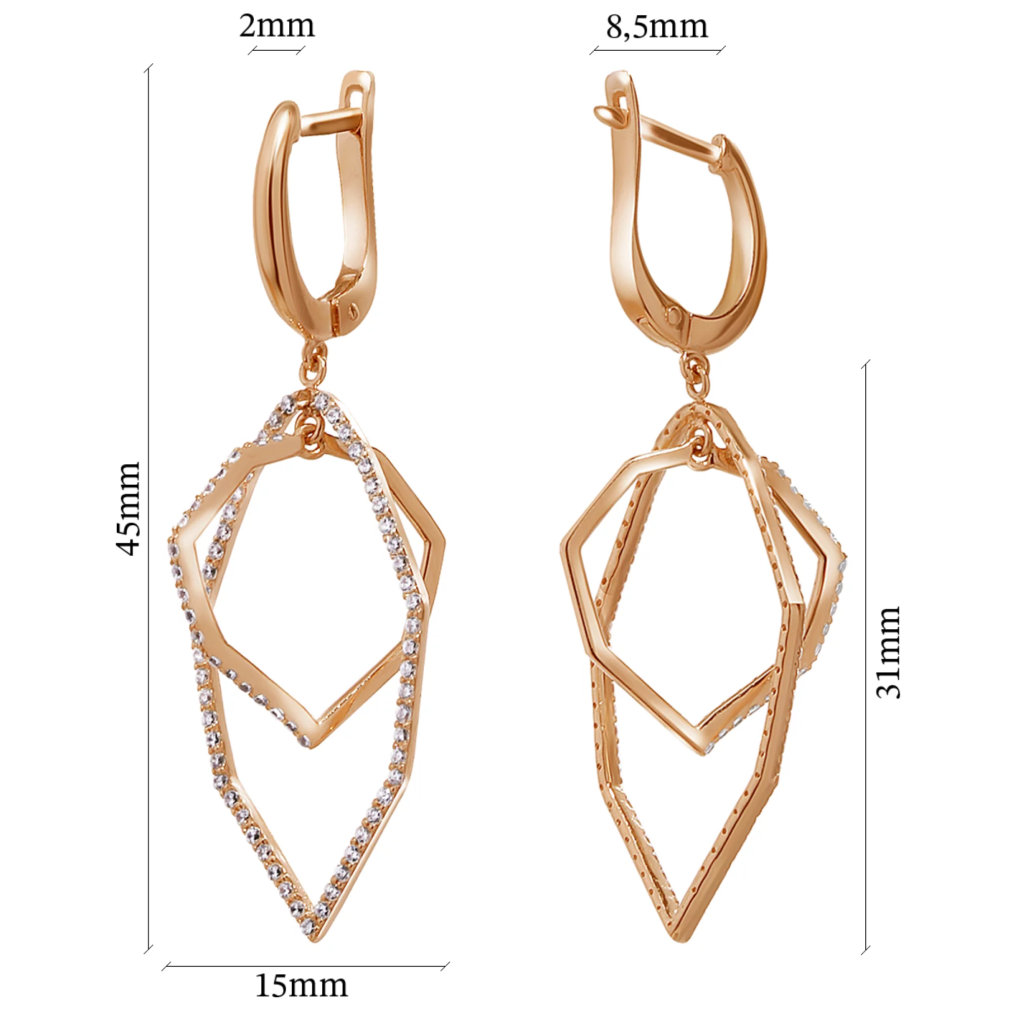 Сережки из красного золота с подвесками с фианитами - 968627 - 3