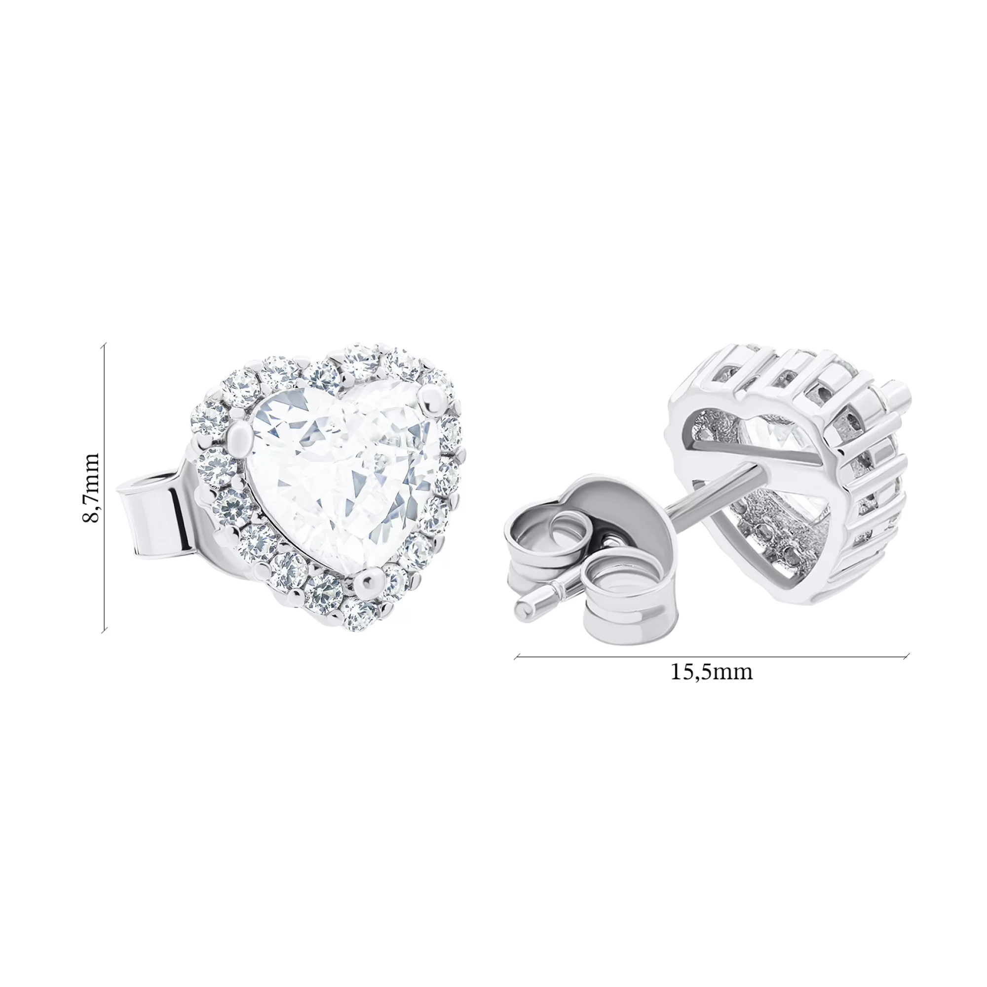 Срібні сережки-гвоздики "Сердечка" з фіанітами - 1521600 – зображення 3