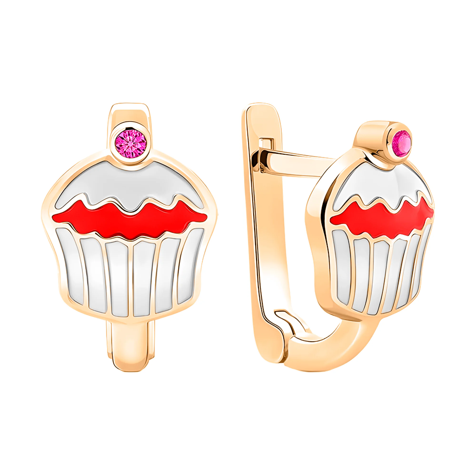 Серьги "Кексик" с эмалью и фианитом в красном золоте - 406686 - 1