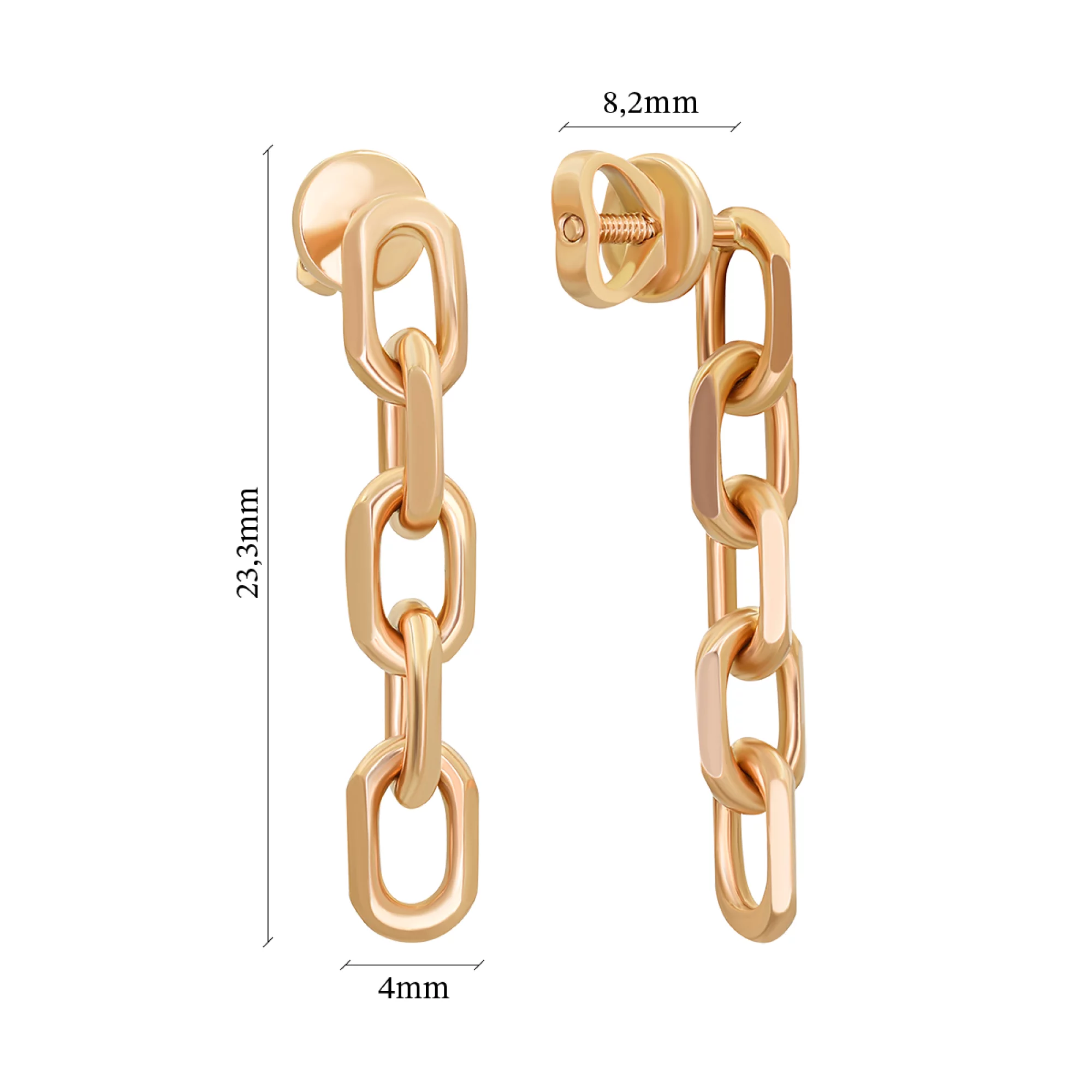 Сережки-гвоздики из красного золота с подвесными цепочками - 887702 – изображение 3