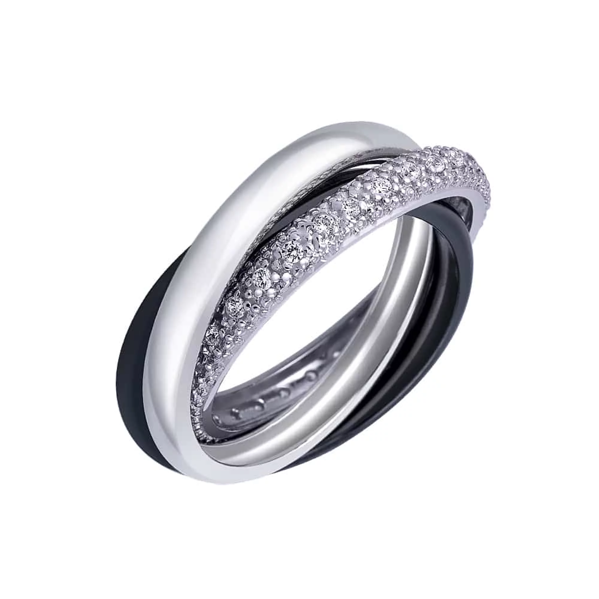 Керамическое кольцо с фианитом и серебряной вставкой - 667440 – изображение 1