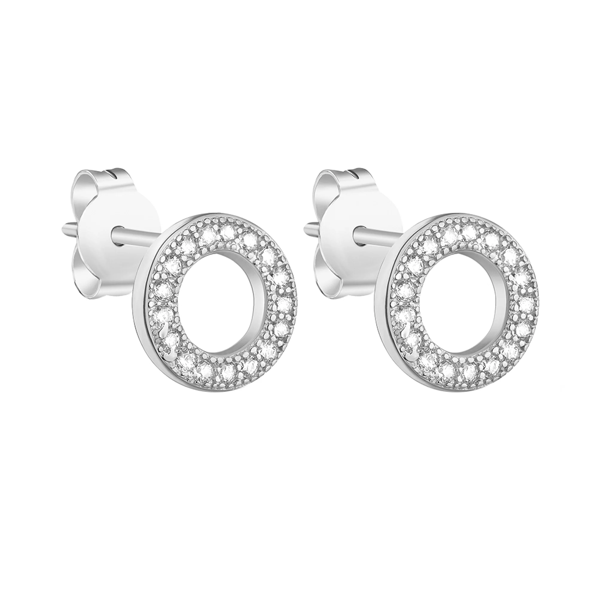 Срібні сережки-гвоздики круглої форми з фіанітами - 1575307 – зображення 1