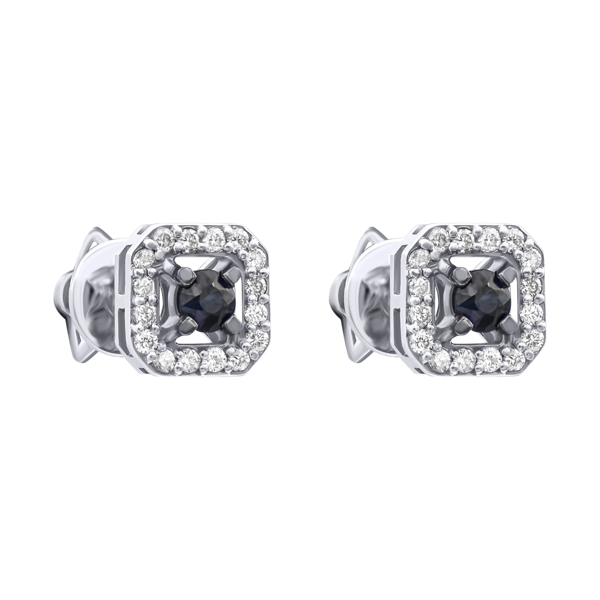 Серьги-гвоздики из белого золота с бриллиантами и сапфирами - 1449853 - 1